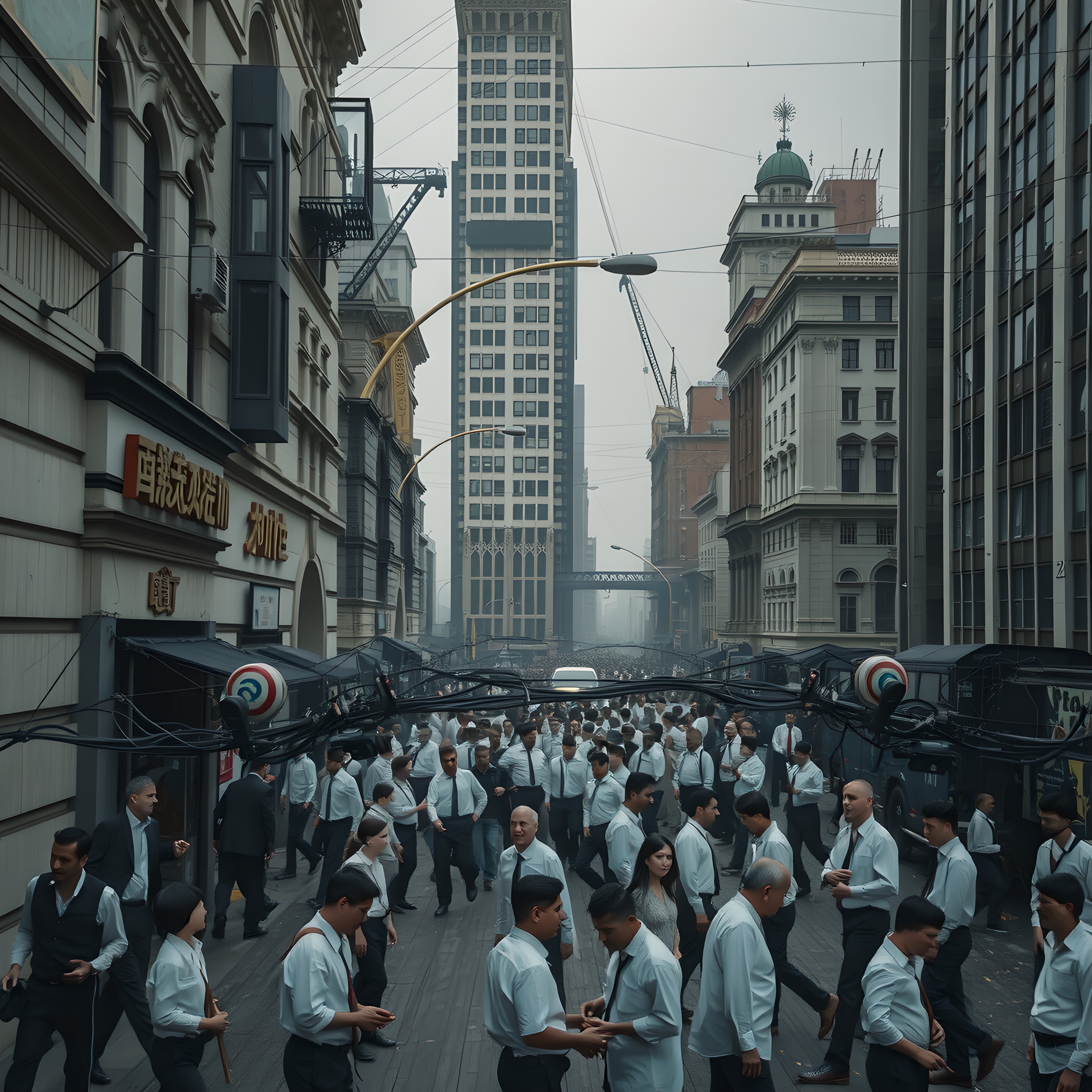 Business professionals walking through bustling urban street with Chinese signage and historic architecture