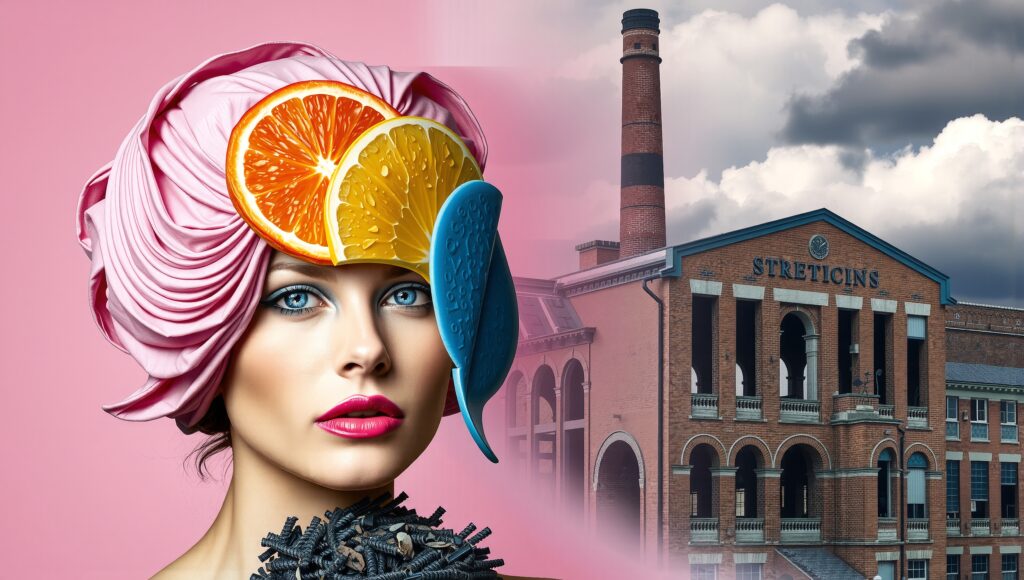 Vibrant Fashion Portrait with Citrus Accents and Industrial Building Background