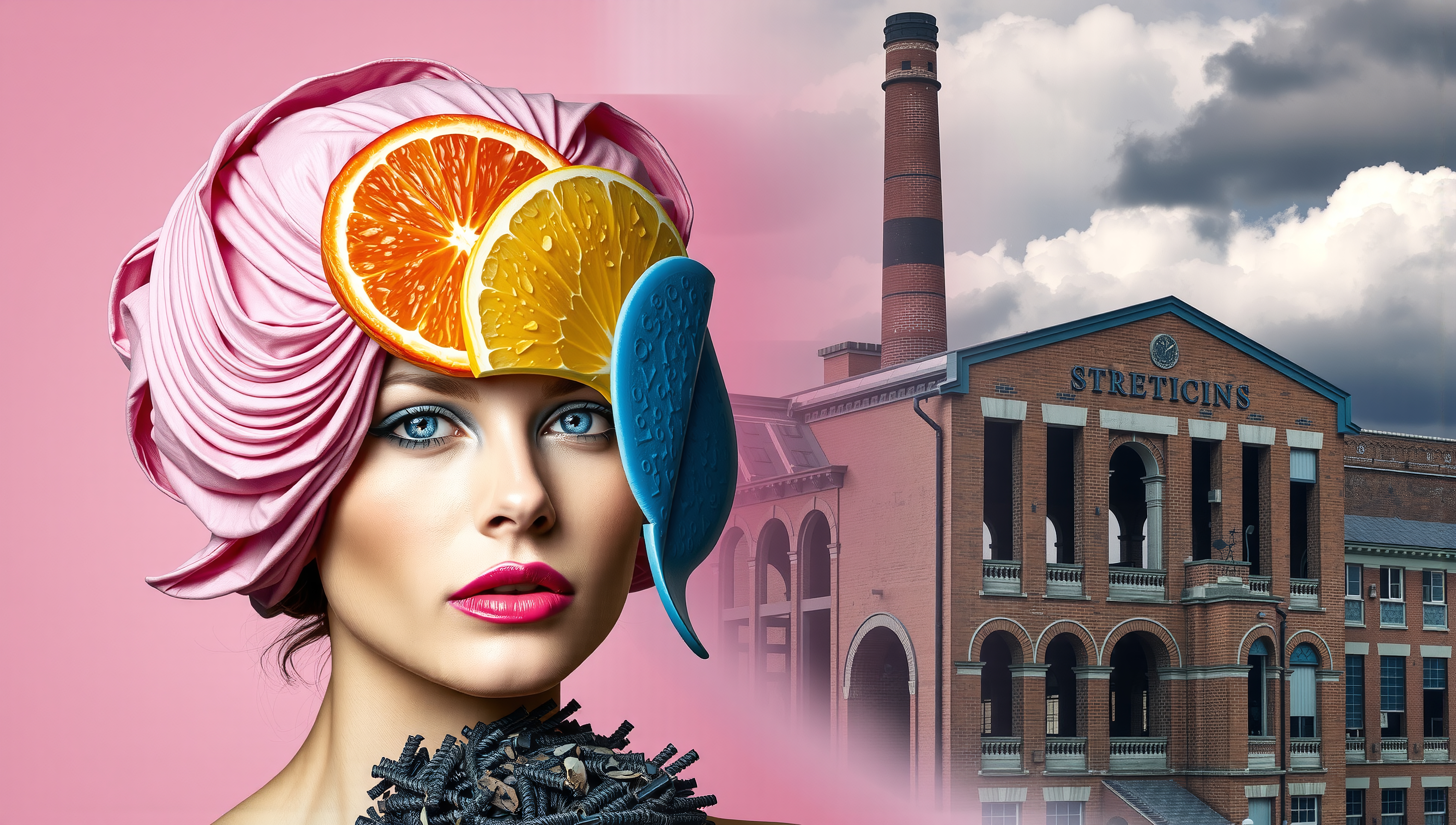 Vibrant Fashion Portrait with Citrus Accents and Industrial Building Background