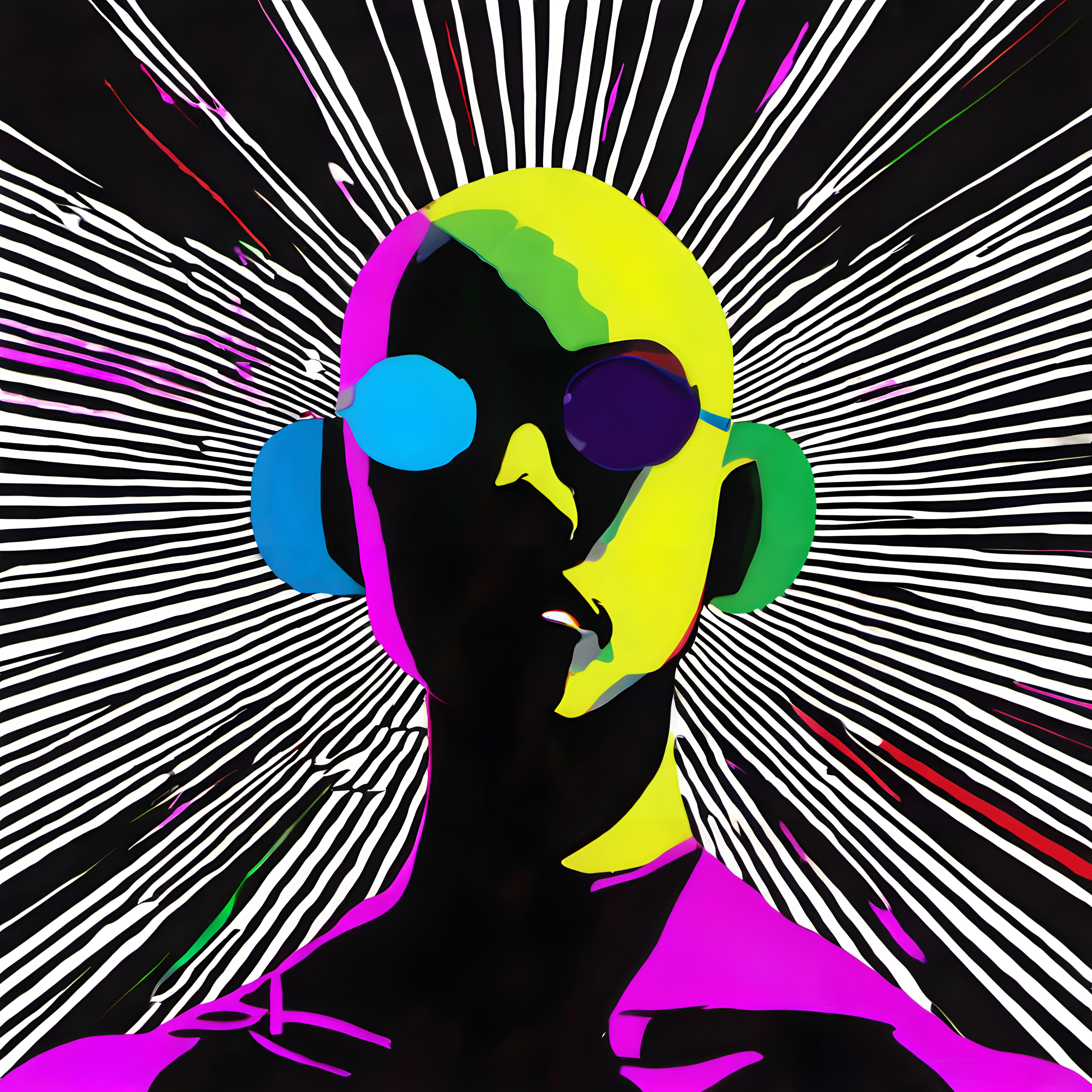 Stylized Abstract Portrait with Neon Headphones and Dynamic Background