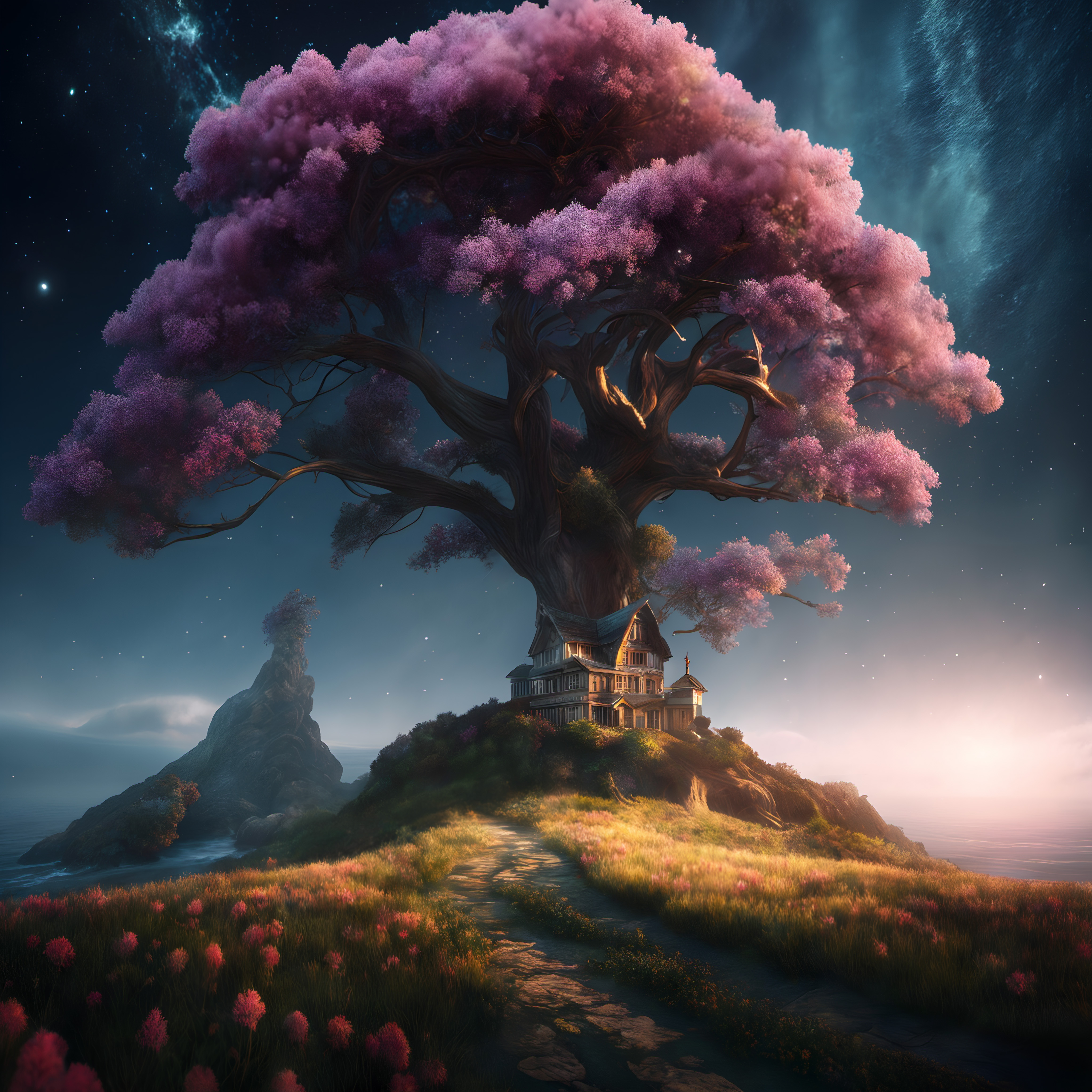 Enchanted Tree House with Pink Blossoms Under Starry Sky