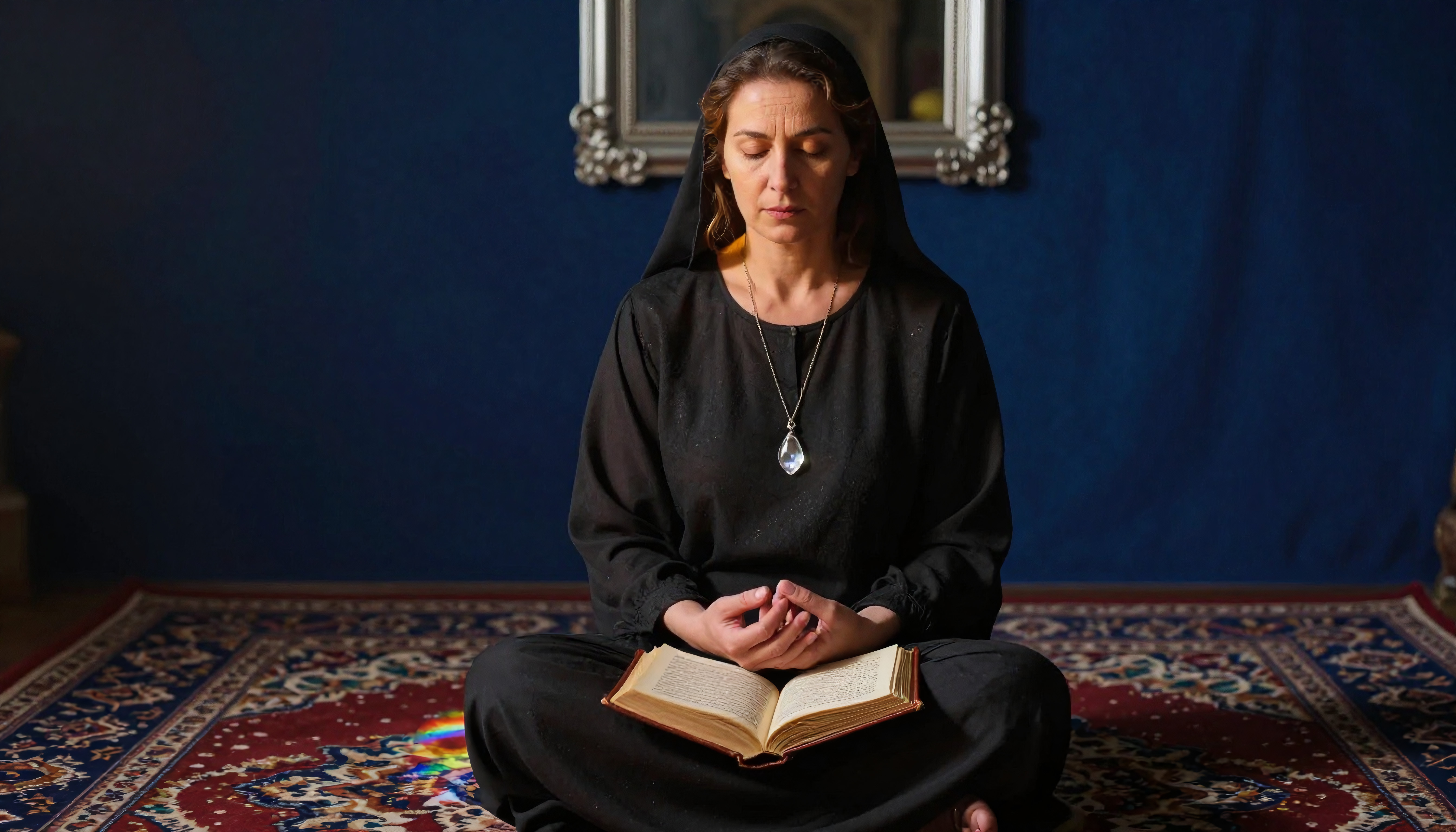 Contemplative Woman in Black Robe Reading Open Book on Blue Wall Rug
