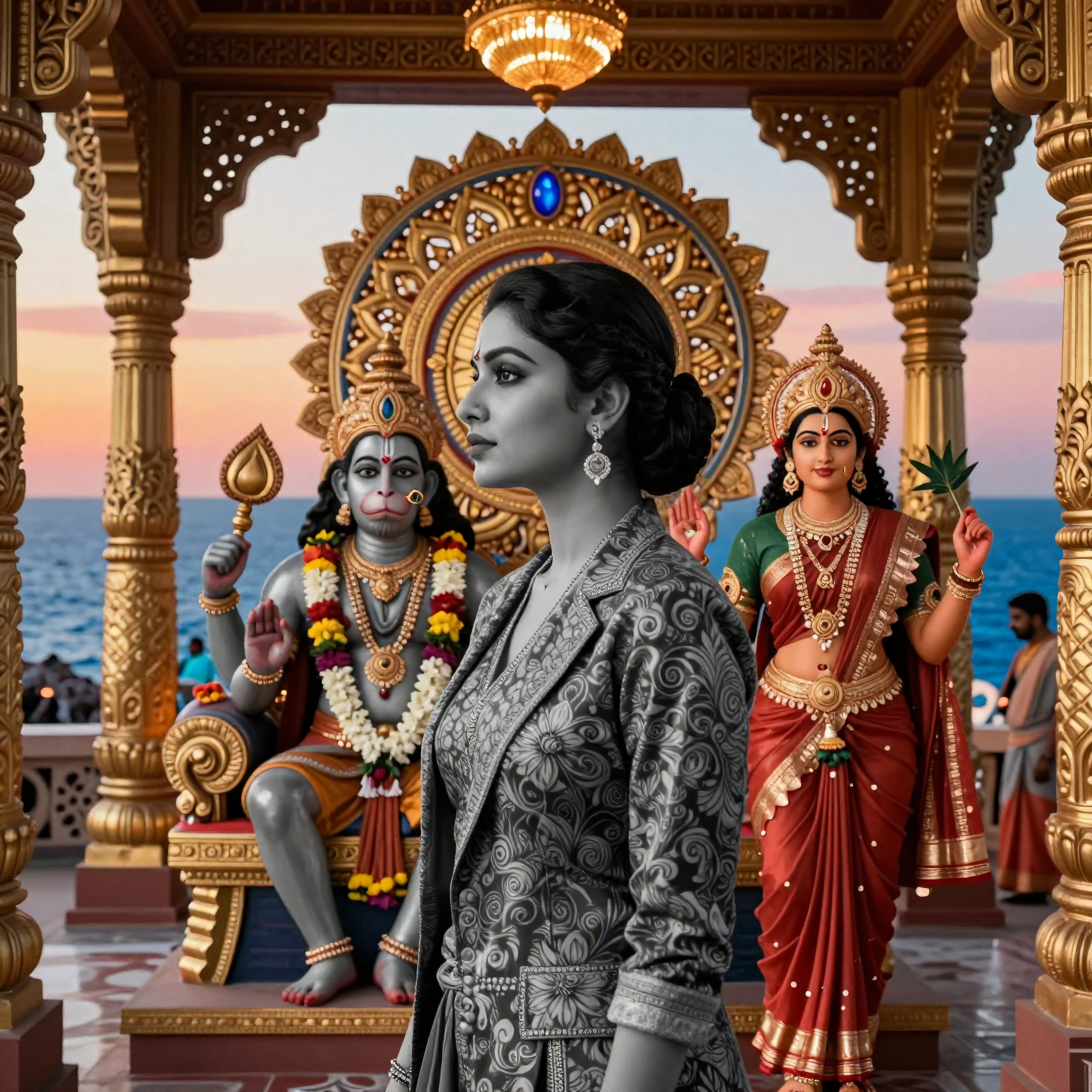 Modern Woman Standing Before Hindu Temple Deities at Sunset