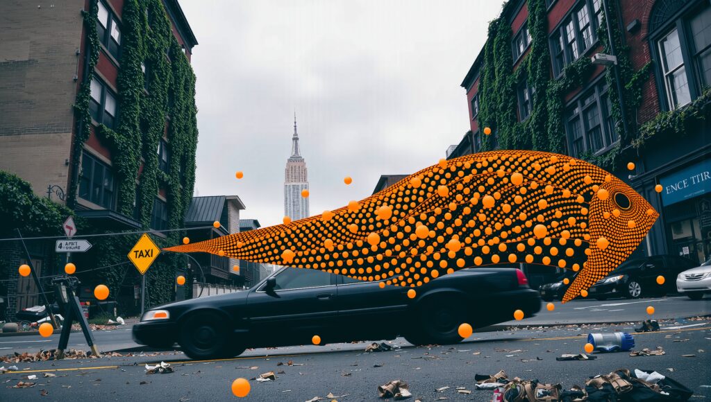 Surreal Orange Fish Over Urban Street with Taxi Sign and Cityscape