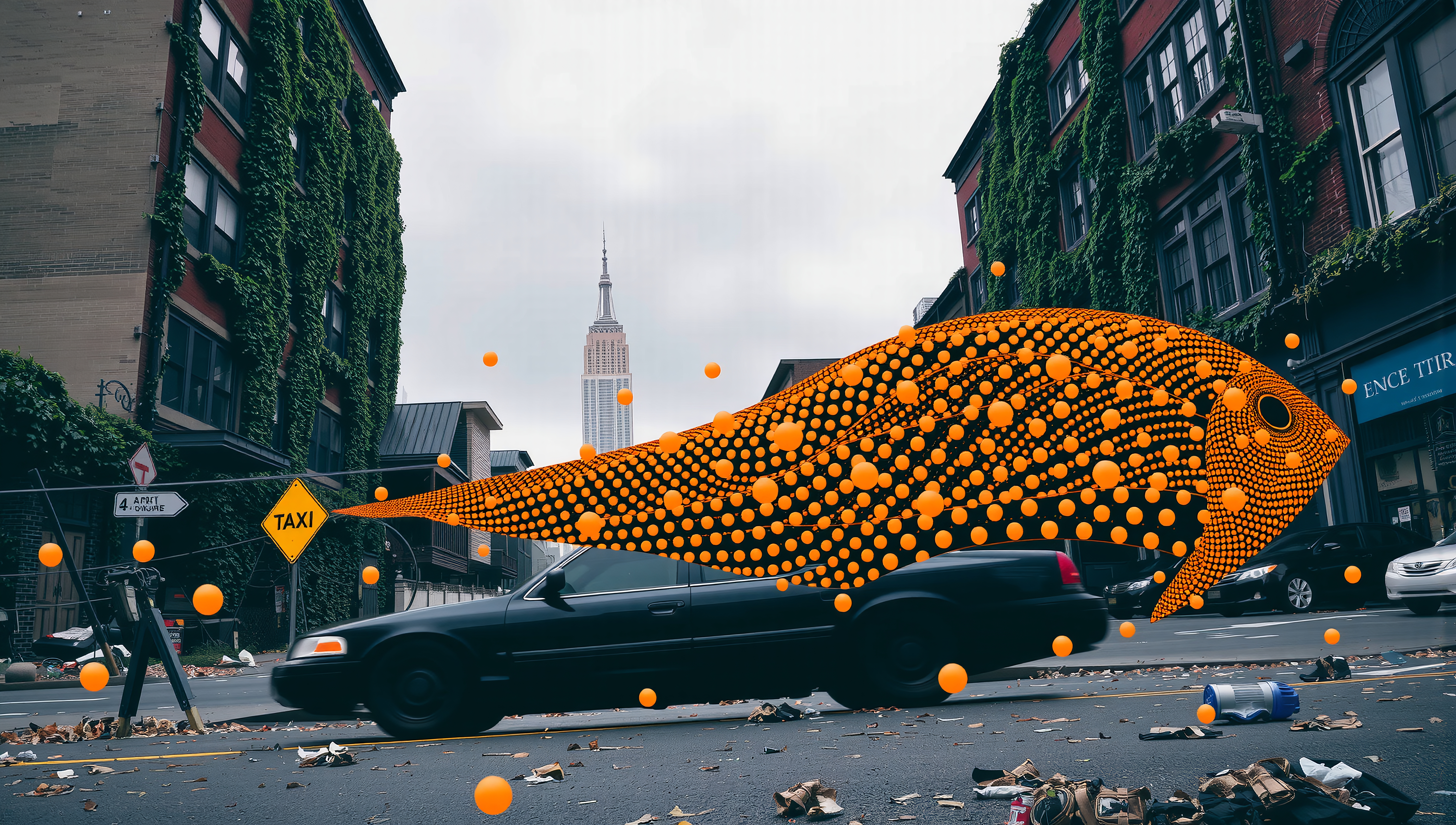 Surreal Orange Fish Over Urban Street with Taxi Sign and Cityscape