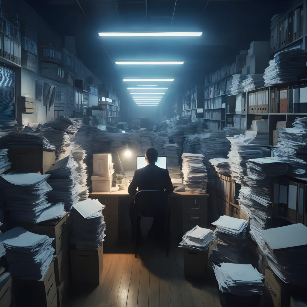 Office Worker Overwhelmed by Mountains of Paperwork in Dimly Lit Business Office
