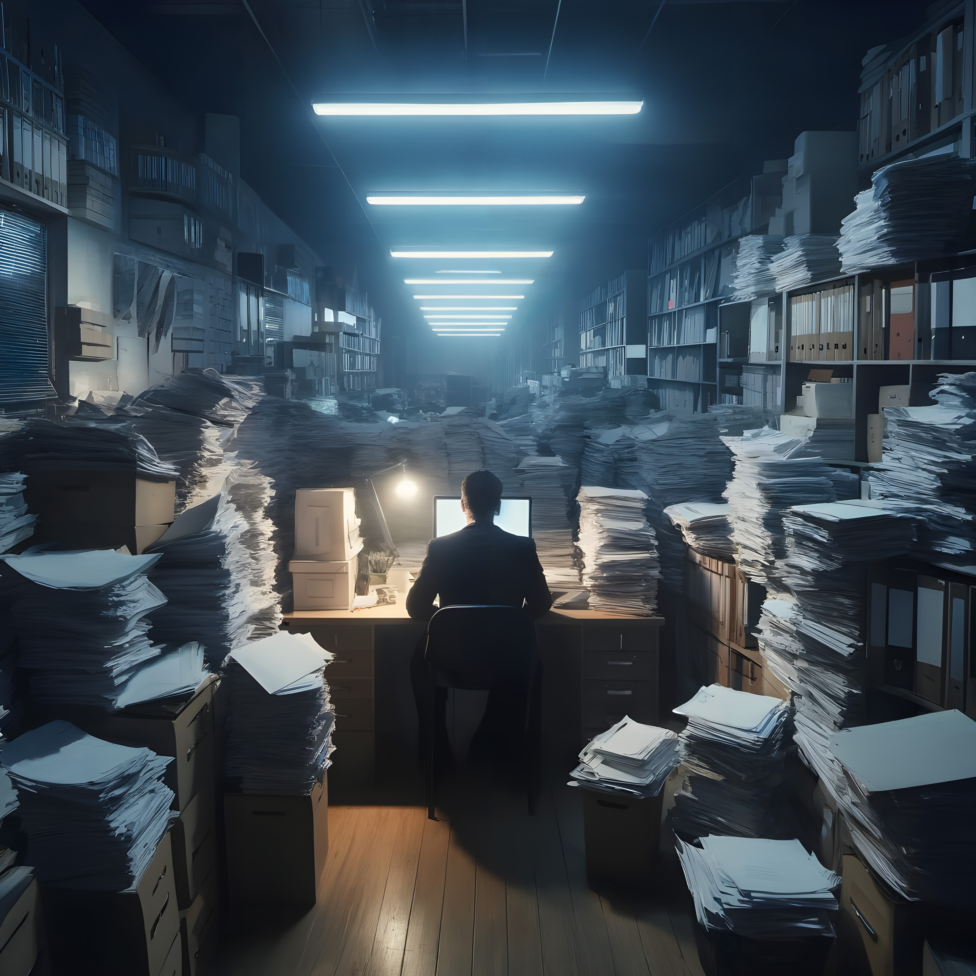 Office Worker Overwhelmed by Mountains of Paperwork in Dimly Lit Business Office
