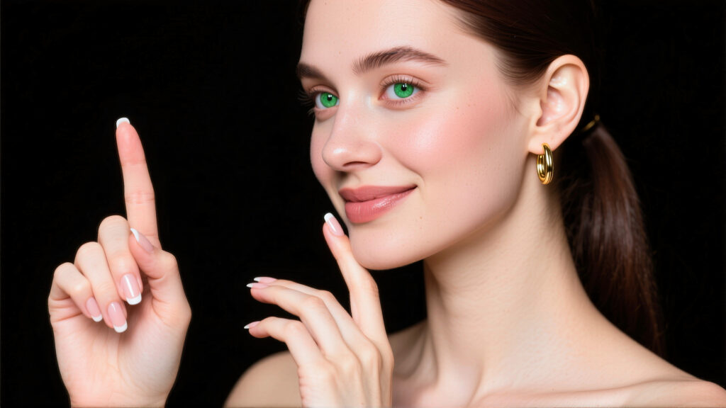 Woman with Green Eyes and Gold Hoop Earrings in Black Background Close-Up