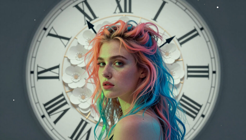 Vibrant Rainbow Hair Portrait Against Grand Wall Clock