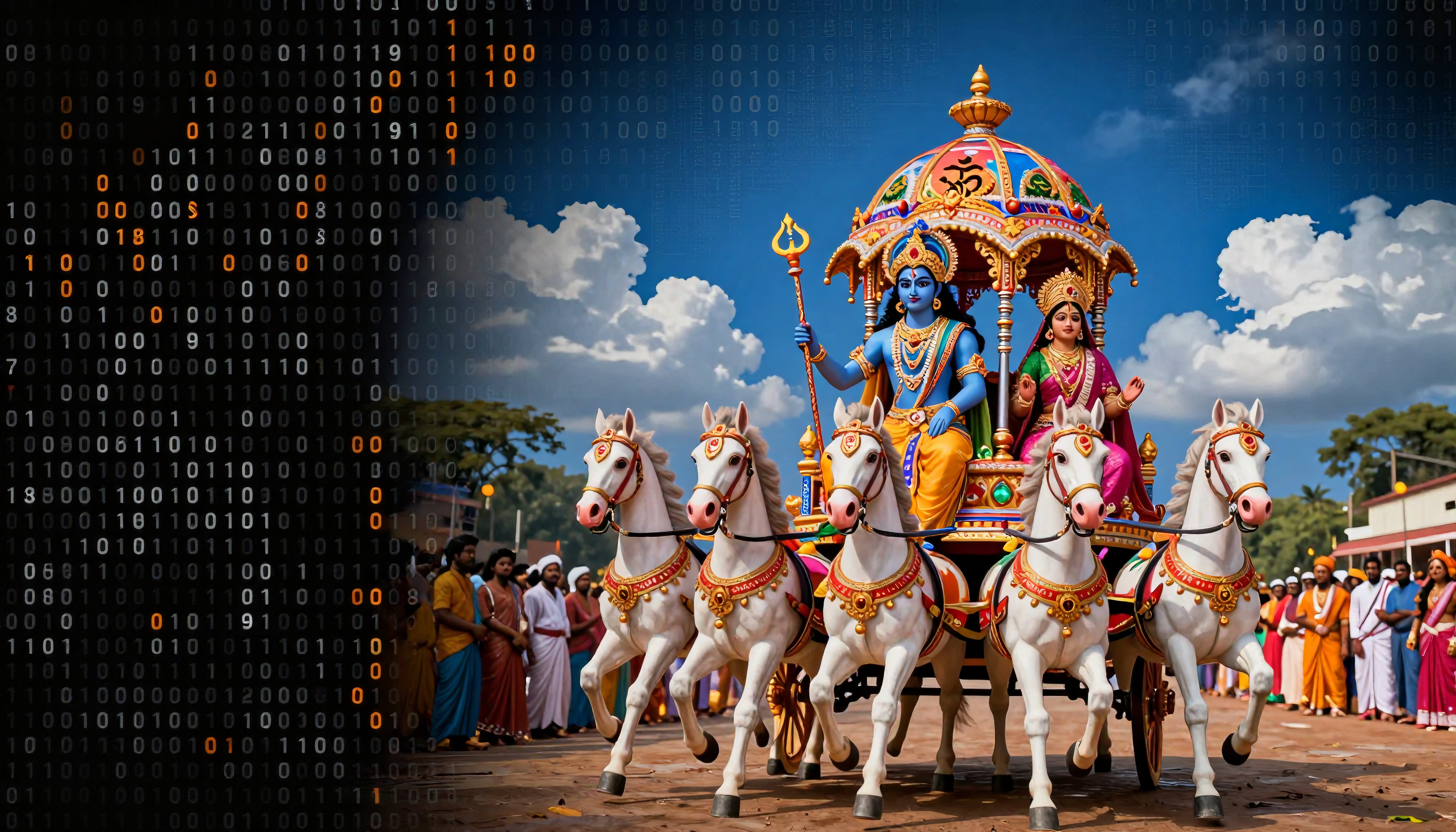 Divine Chariot Procession with Digital Binary Background - Hindu Cultural Celebration