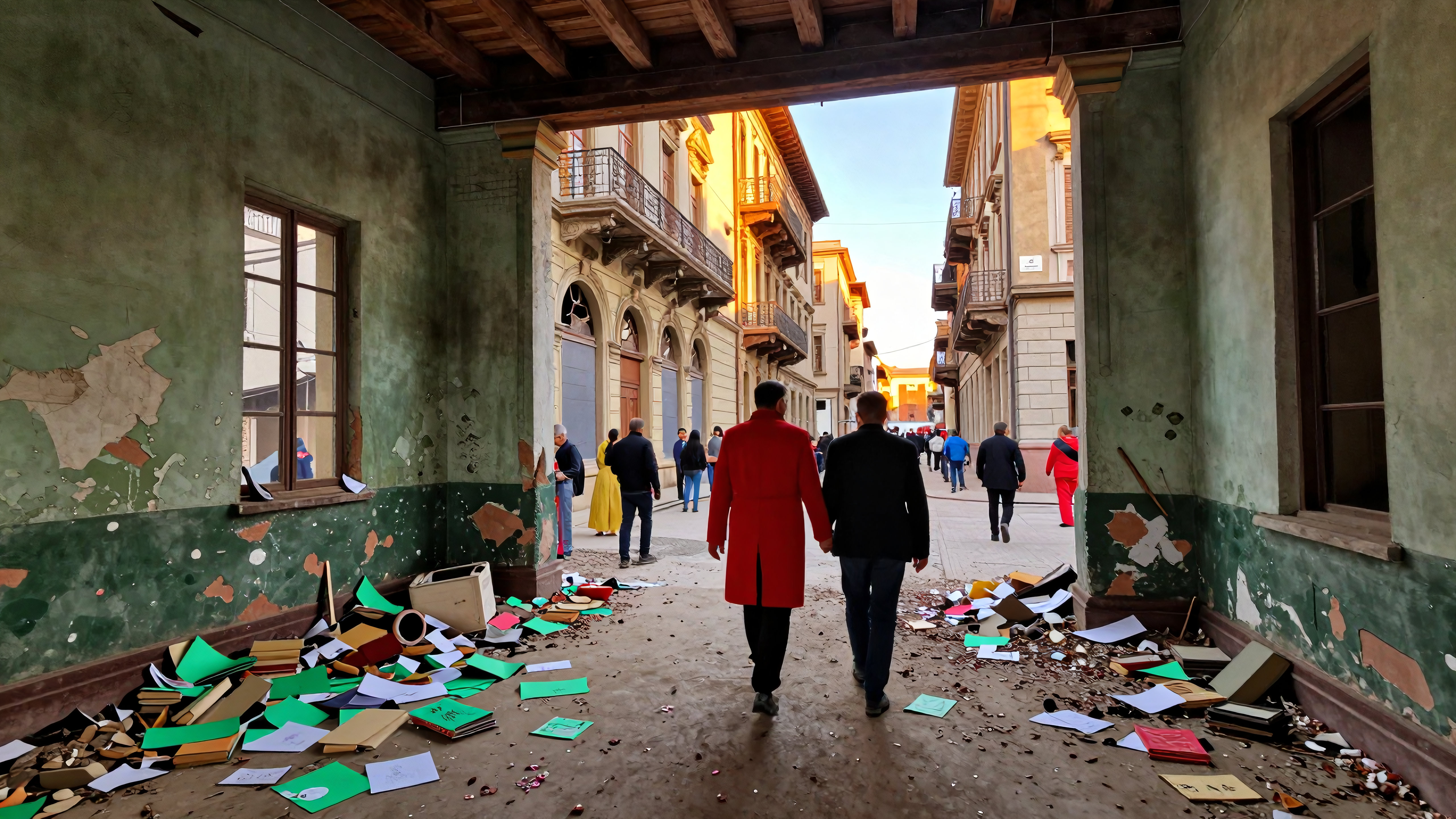 Dilapidated courtyard with scattered books and people walking through historic European streets