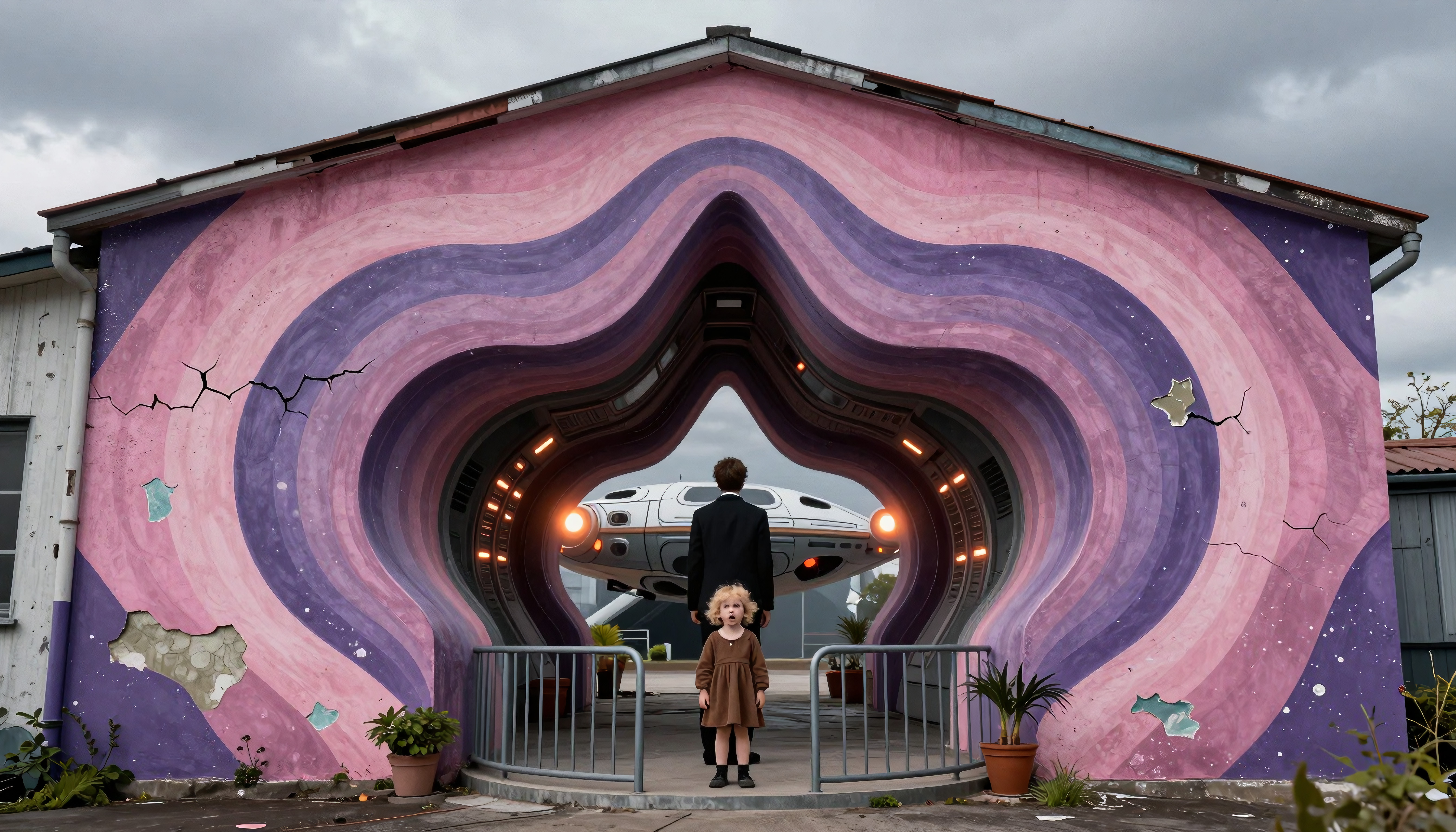 Surreal building mural with pink-purple archway and spaceship portal
