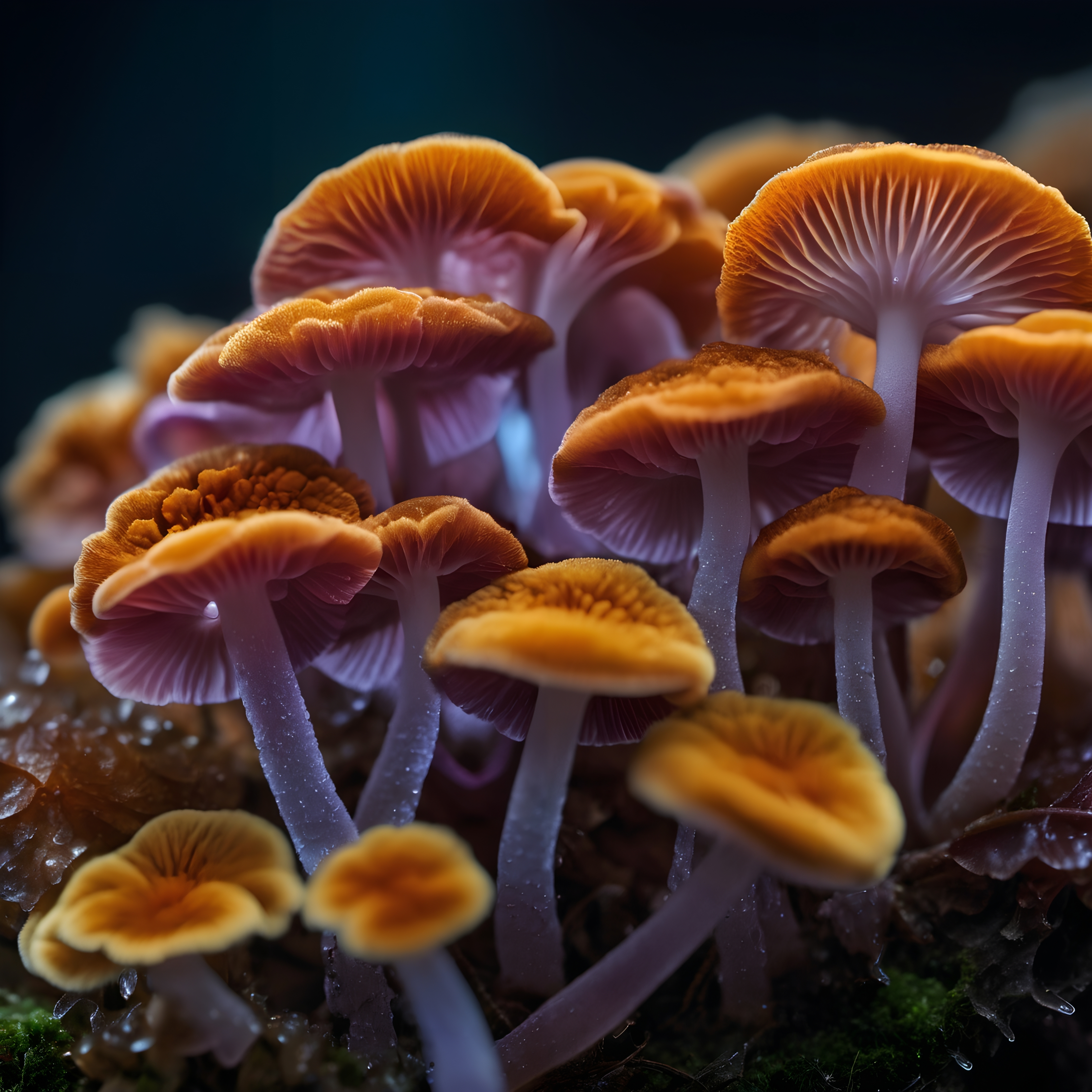 Vibrant Orange and Pink Mushrooms on Mossy Forest Floor