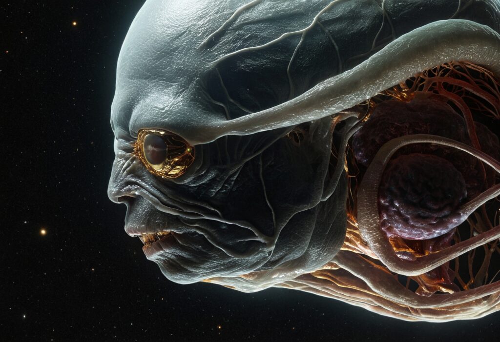 Alien Head with Exposed Internal Anatomy in Space