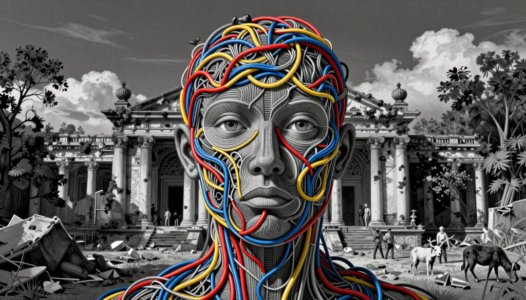 Wired Human Head with Classical Temple Ruin Background