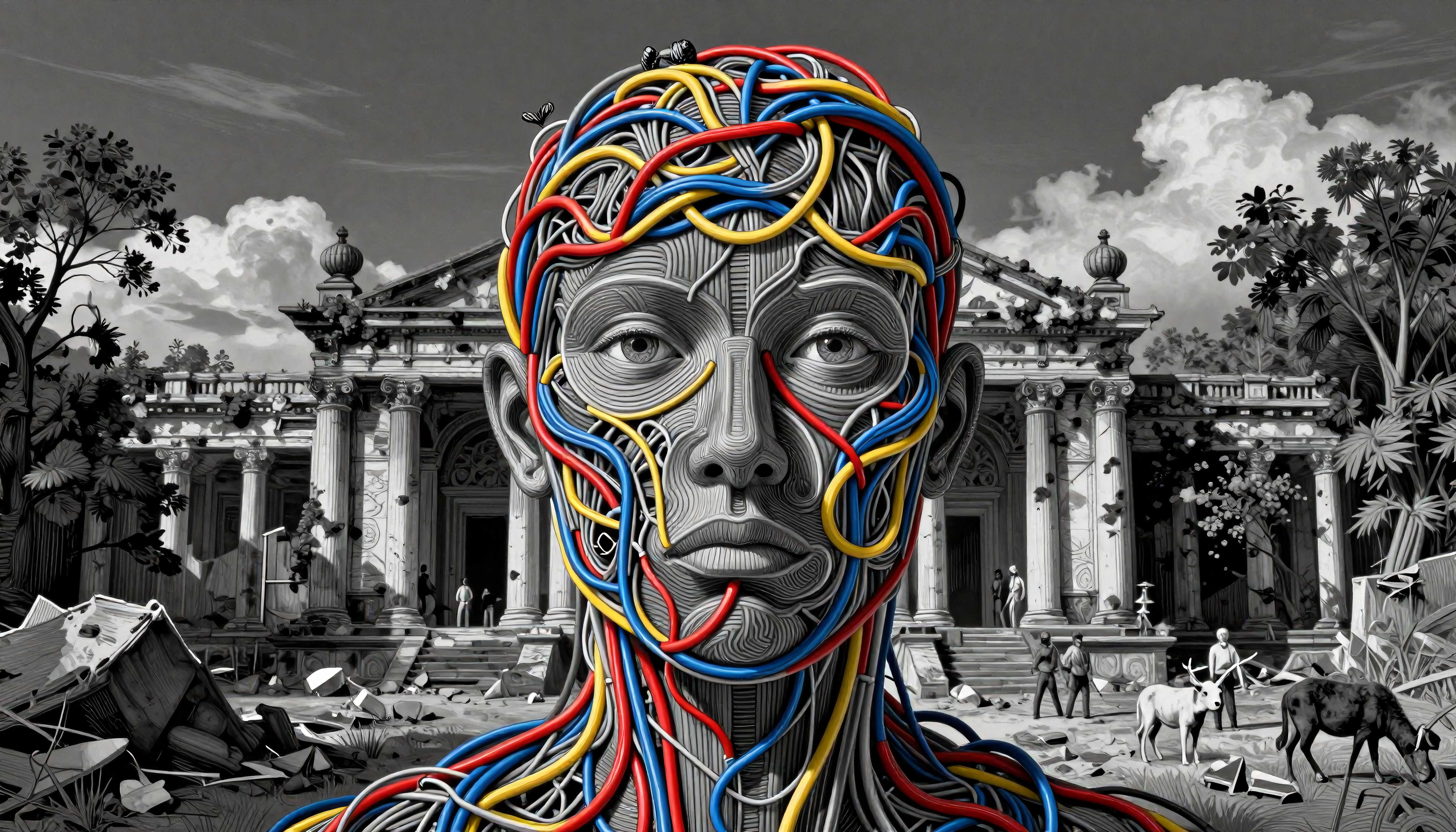 Wired Human Head with Classical Temple Ruin Background