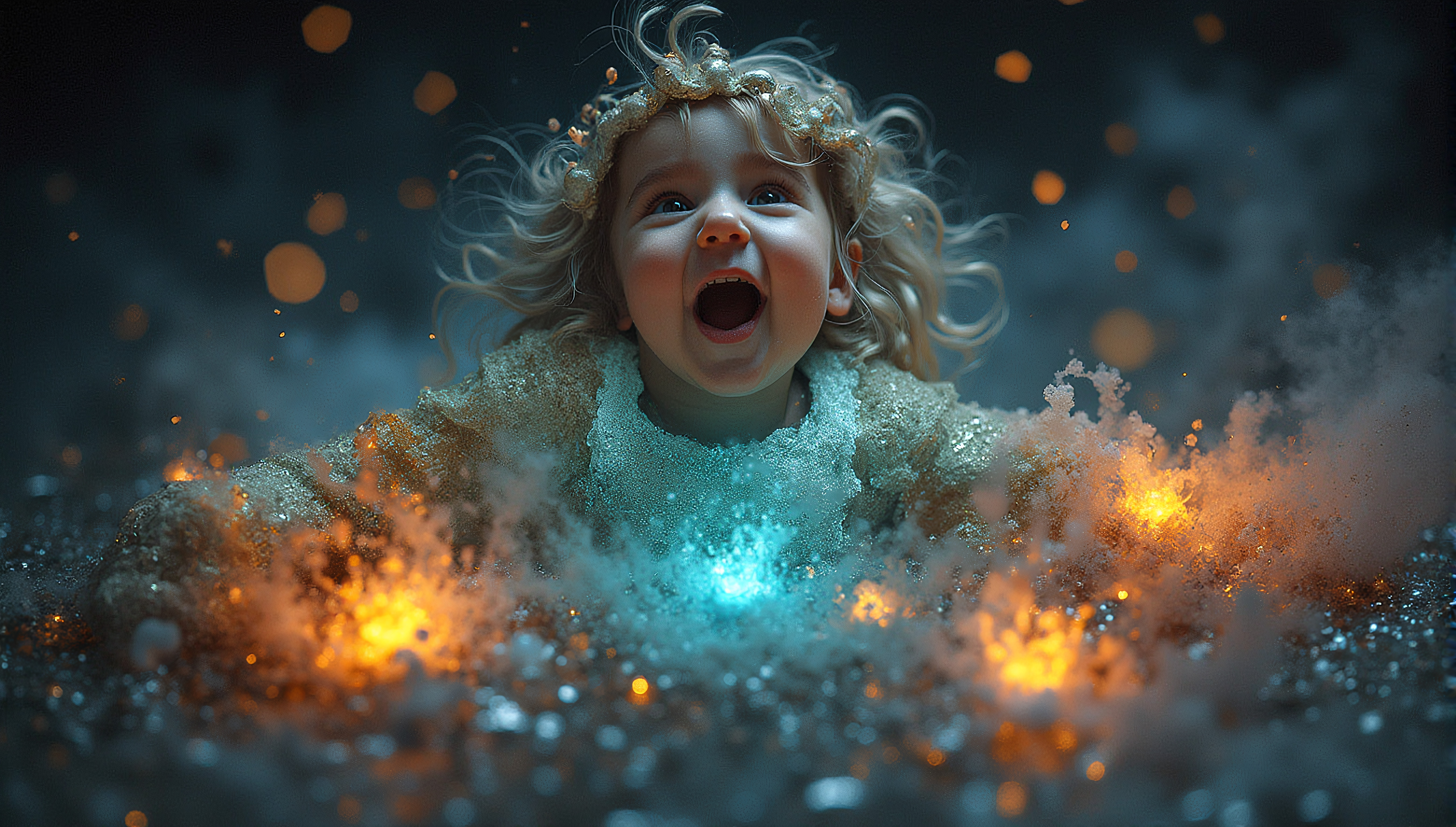 Enchanted Child Surrounded by Glowing Particles in Dark Fantasy Setting