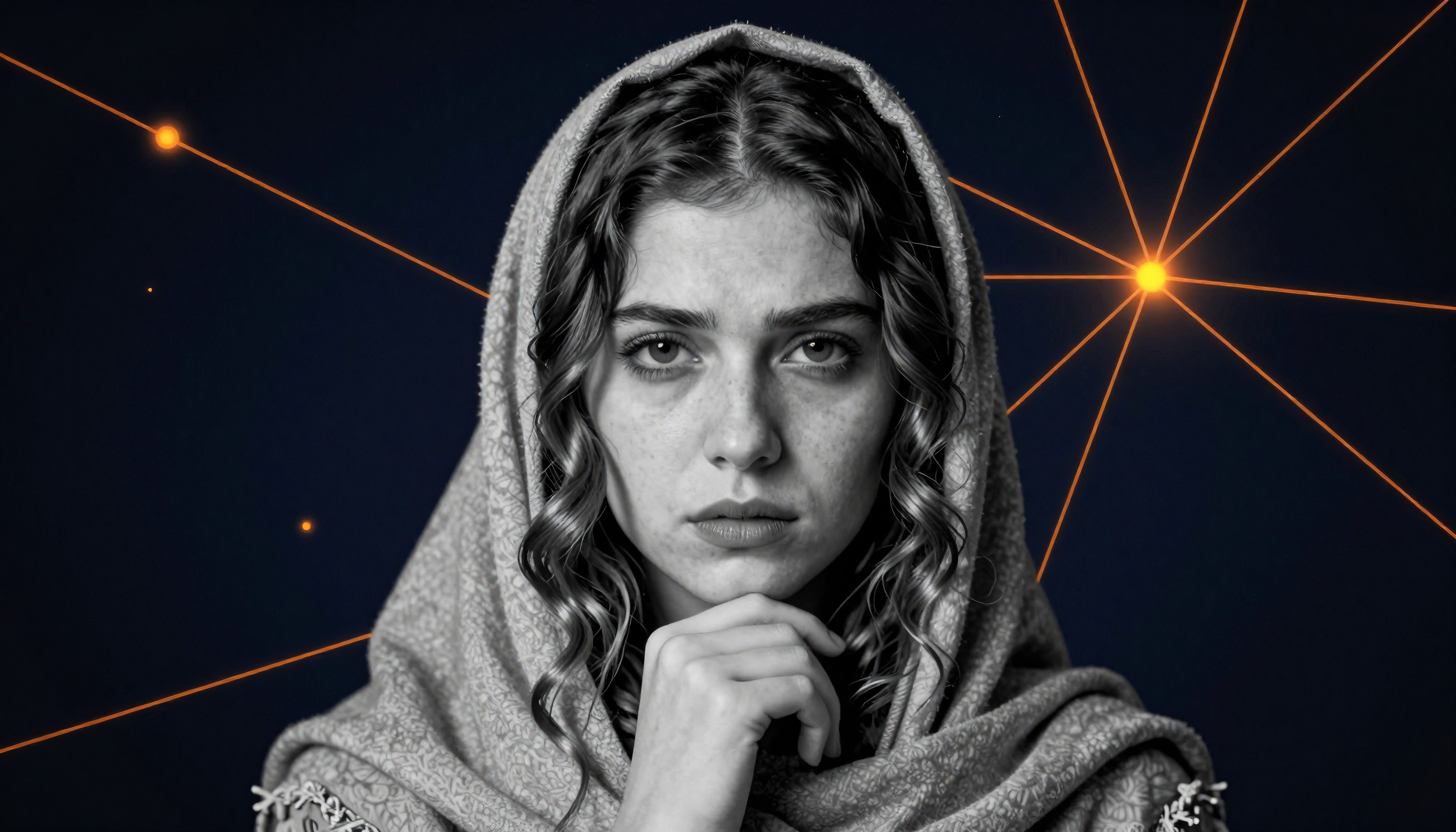 Contemplative Hooded Figure Against Cosmic Background with Orange Starbursts