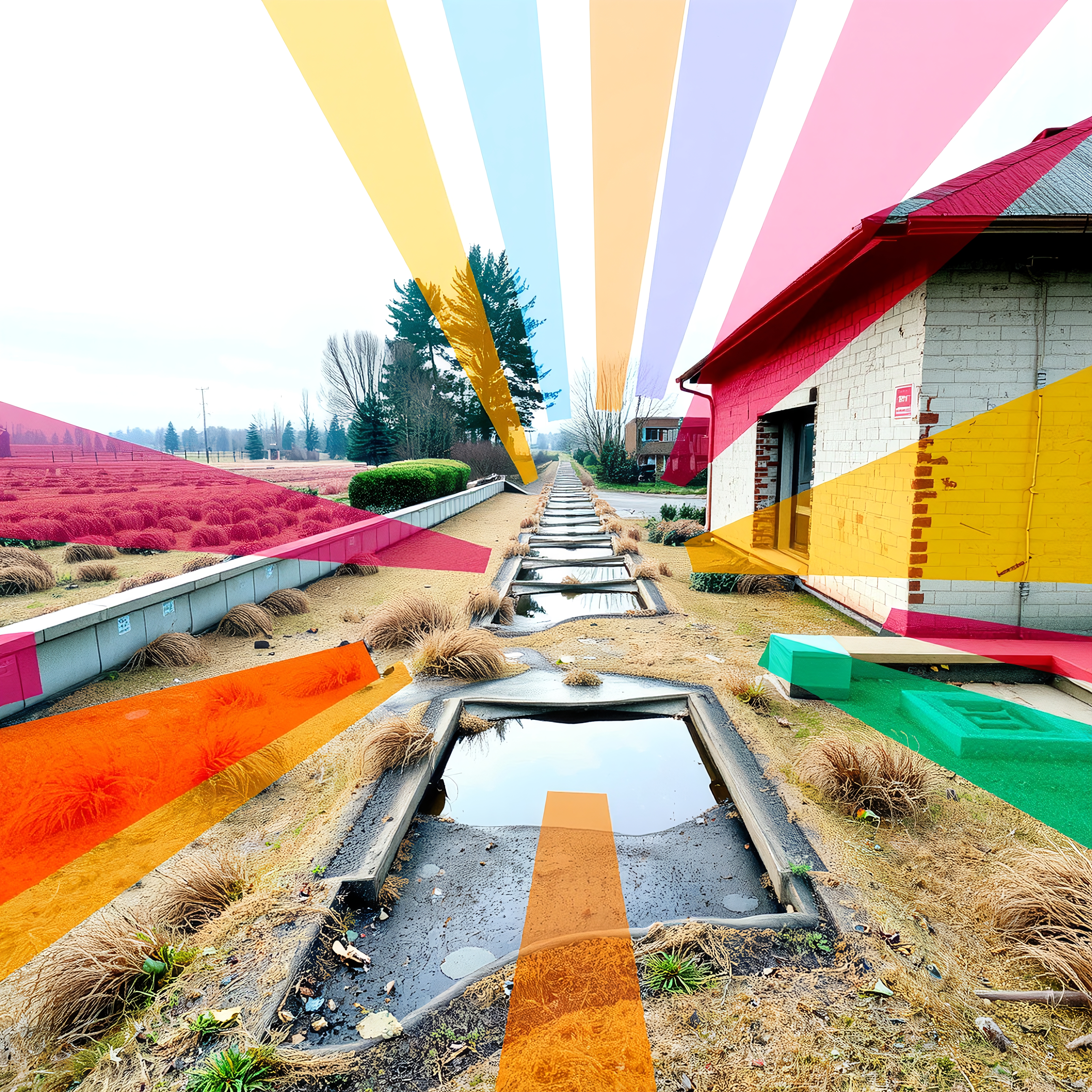 Colorful Geometric Overlay on Rural Canal Landscape