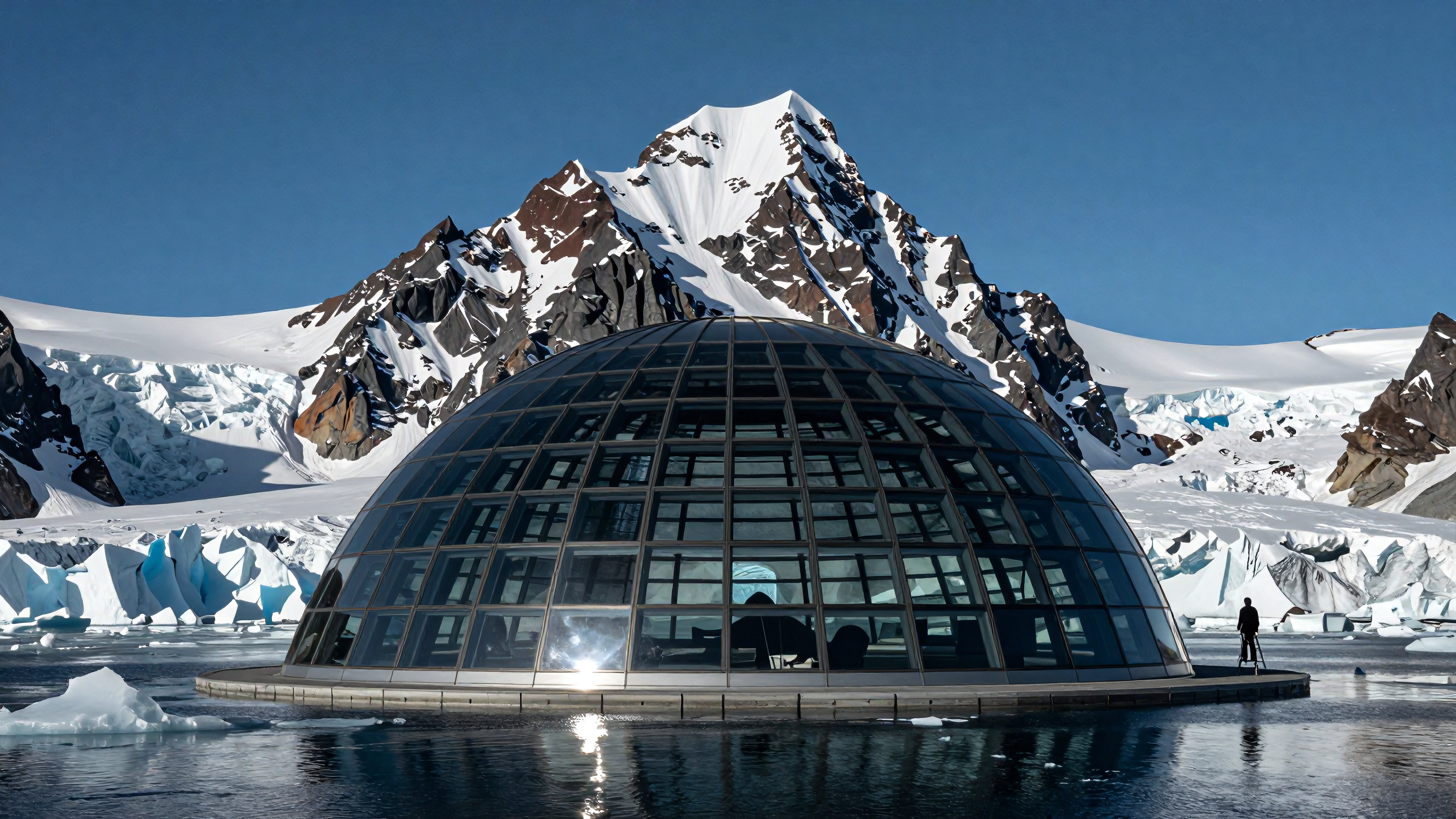 Glass Dome Structure Amidst Antarctic Ice and Snow-Capped Mountains