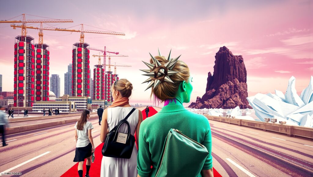 Futuristic Cityscape with Red Carpet and Surreal Elements