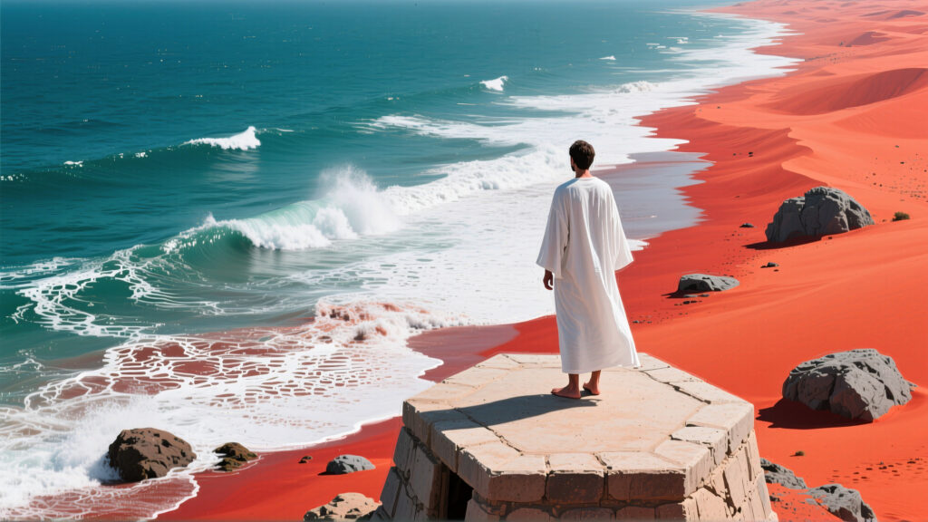 Man in White Robe Contemplating Ocean at Red Sand Beach