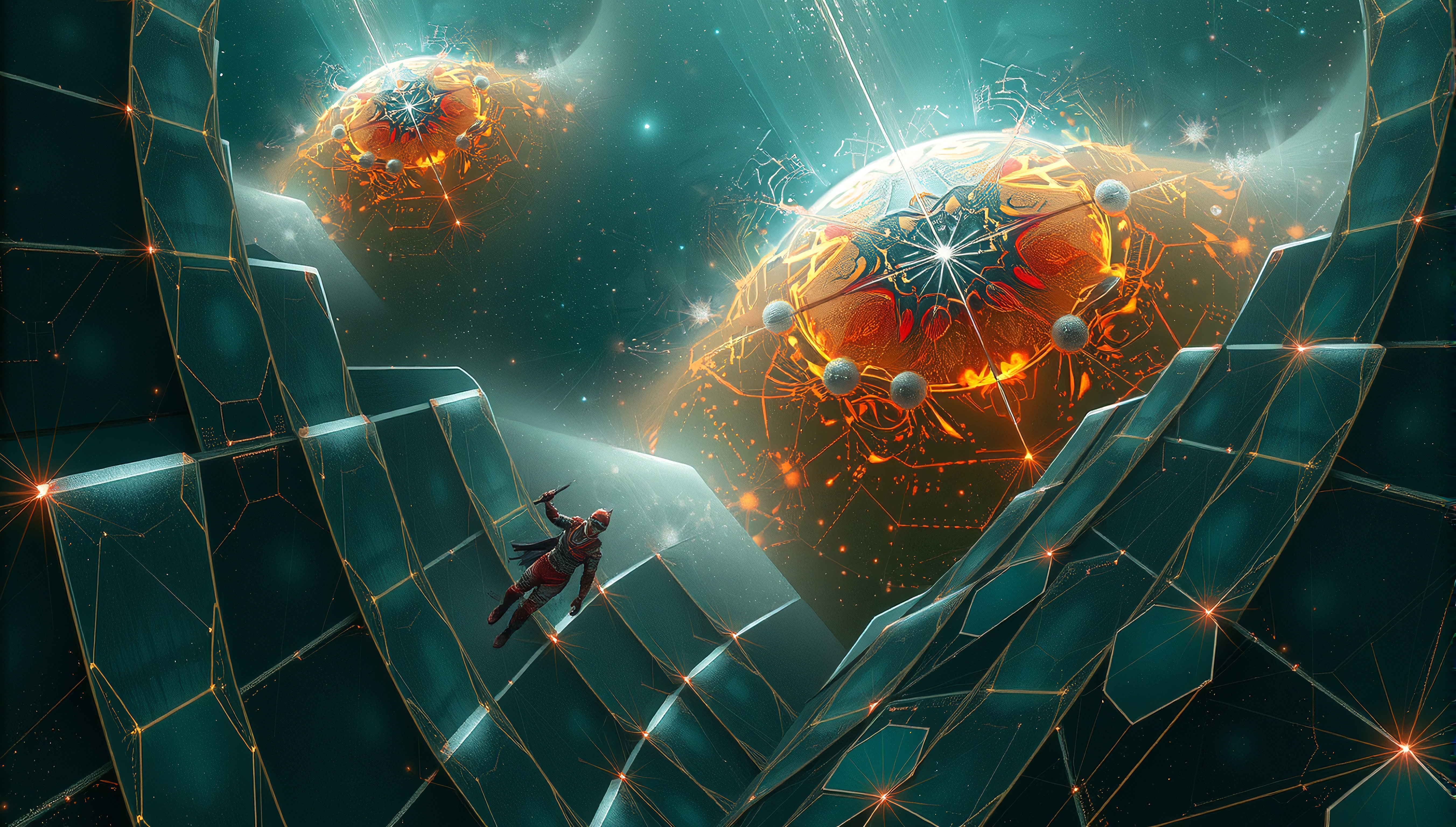Futuristic Cosmic Explorer Amidst Glowing Spheres and Geometric Architecture