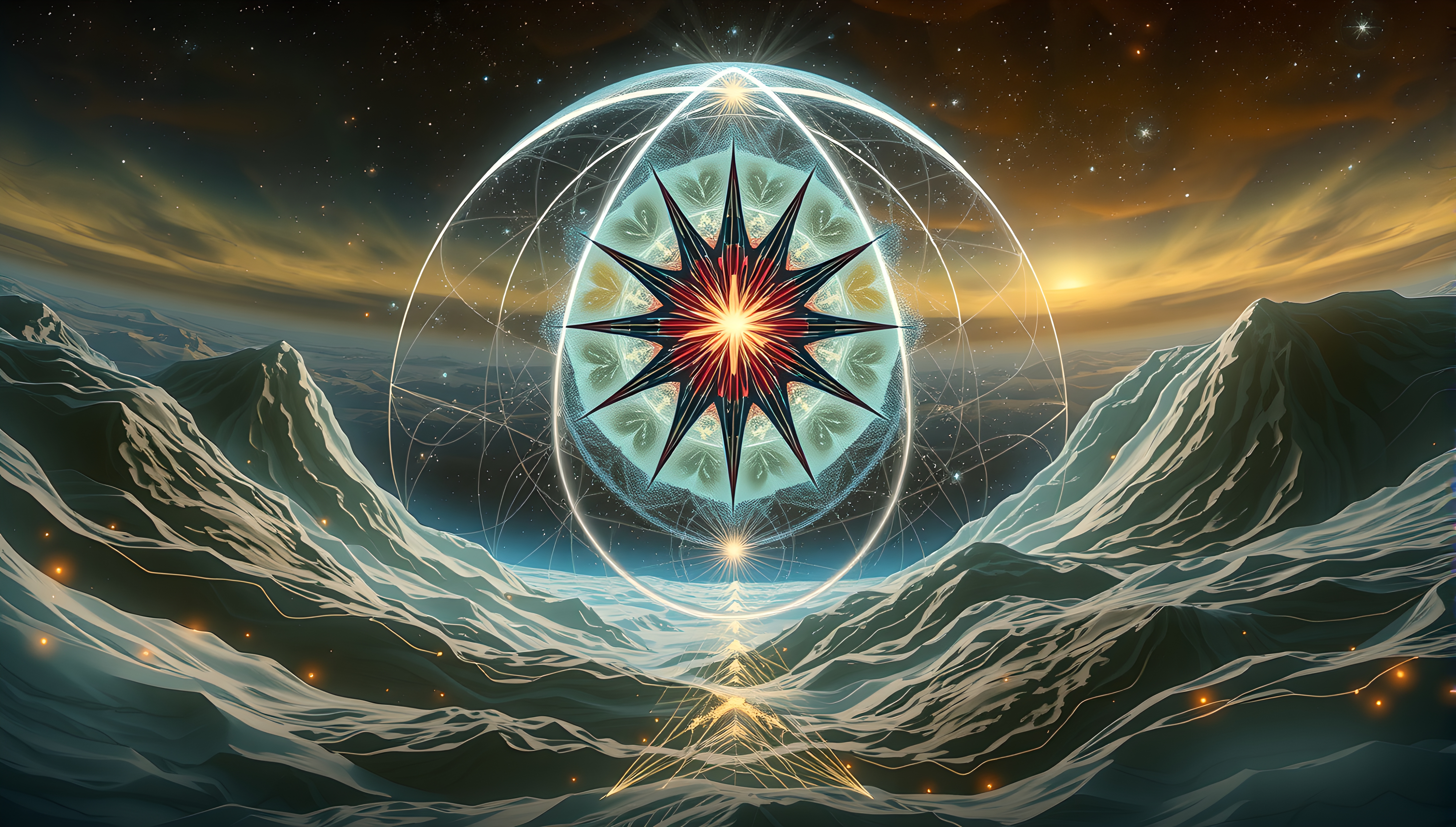 Celestial Mandala Over Mountain Peaks at Dusk