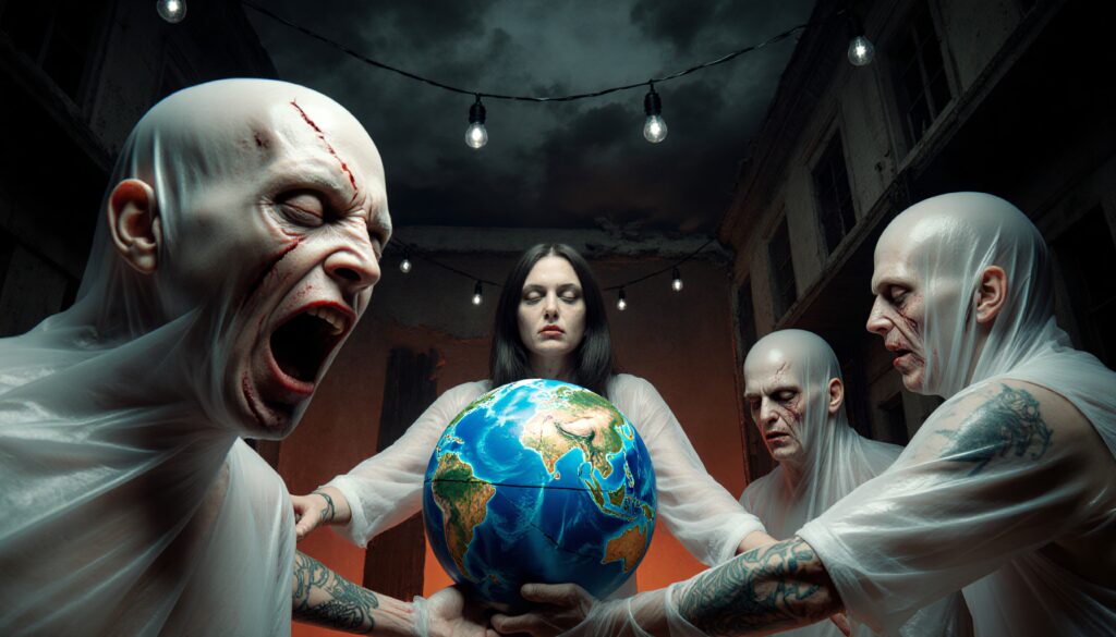 Ominous figures surround woman holding globe in abandoned building