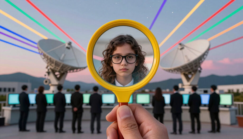 Girl’s Reflection Among Satellite Dishes