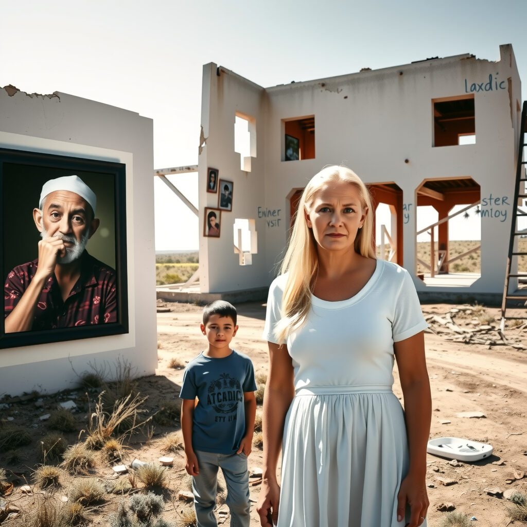 Woman and Child Before Building with Portrait