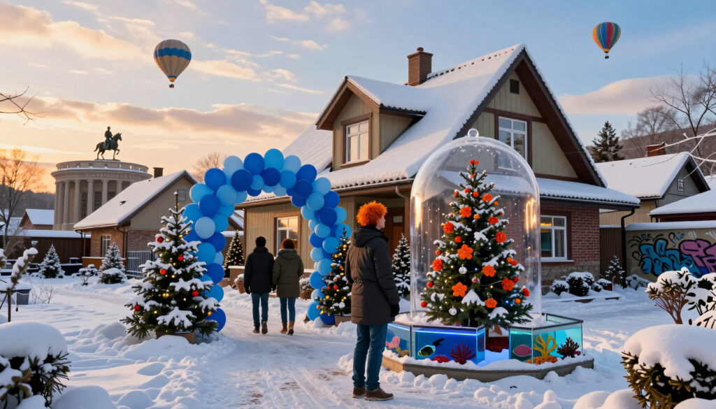 Winter Holiday Home with Festive Decorations and Hot Air Balloons