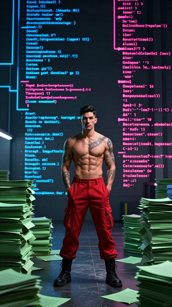 Shirtless tattooed man in red cargo pants standing amid digital code and document stacks