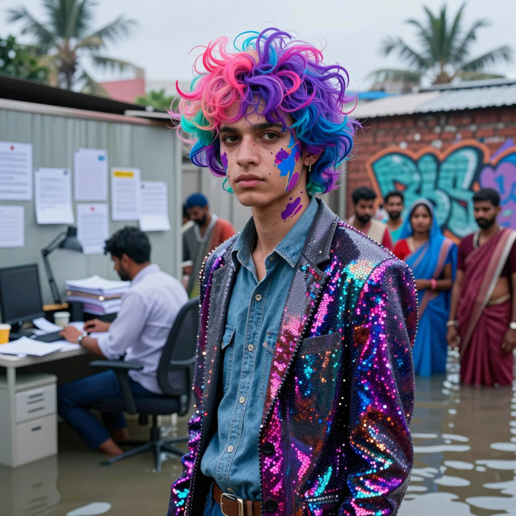 Person with vibrant neon hair and sequined jacket in outdoor office setting with traditional Indian attire