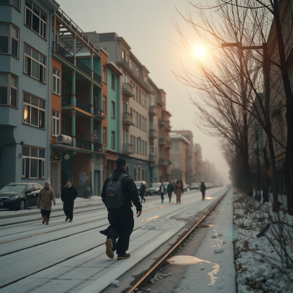 Winter Urban Street with Tram Tracks and Pedestrians | Urban Life Photography