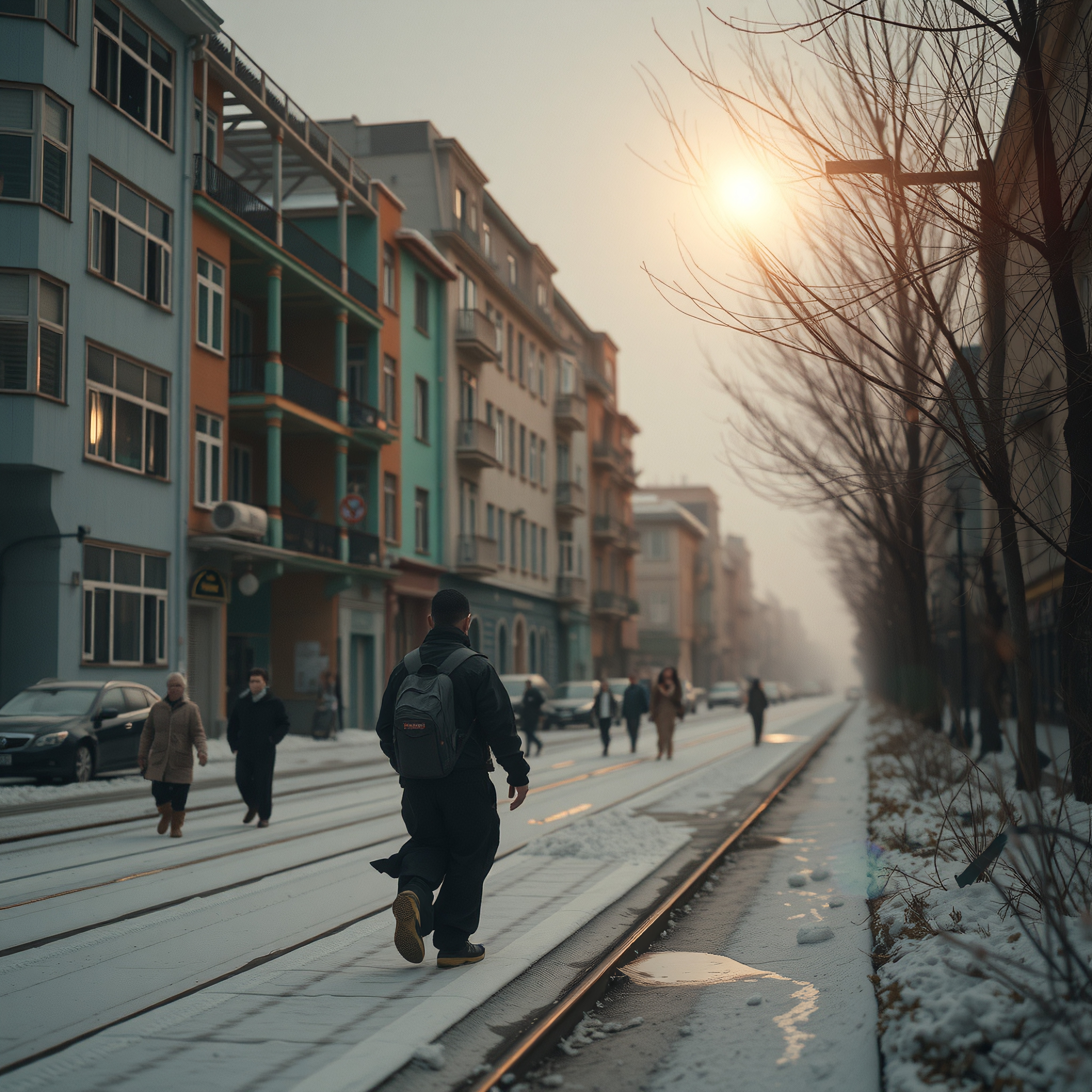 Winter Urban Street with Tram Tracks and Pedestrians | Urban Life Photography