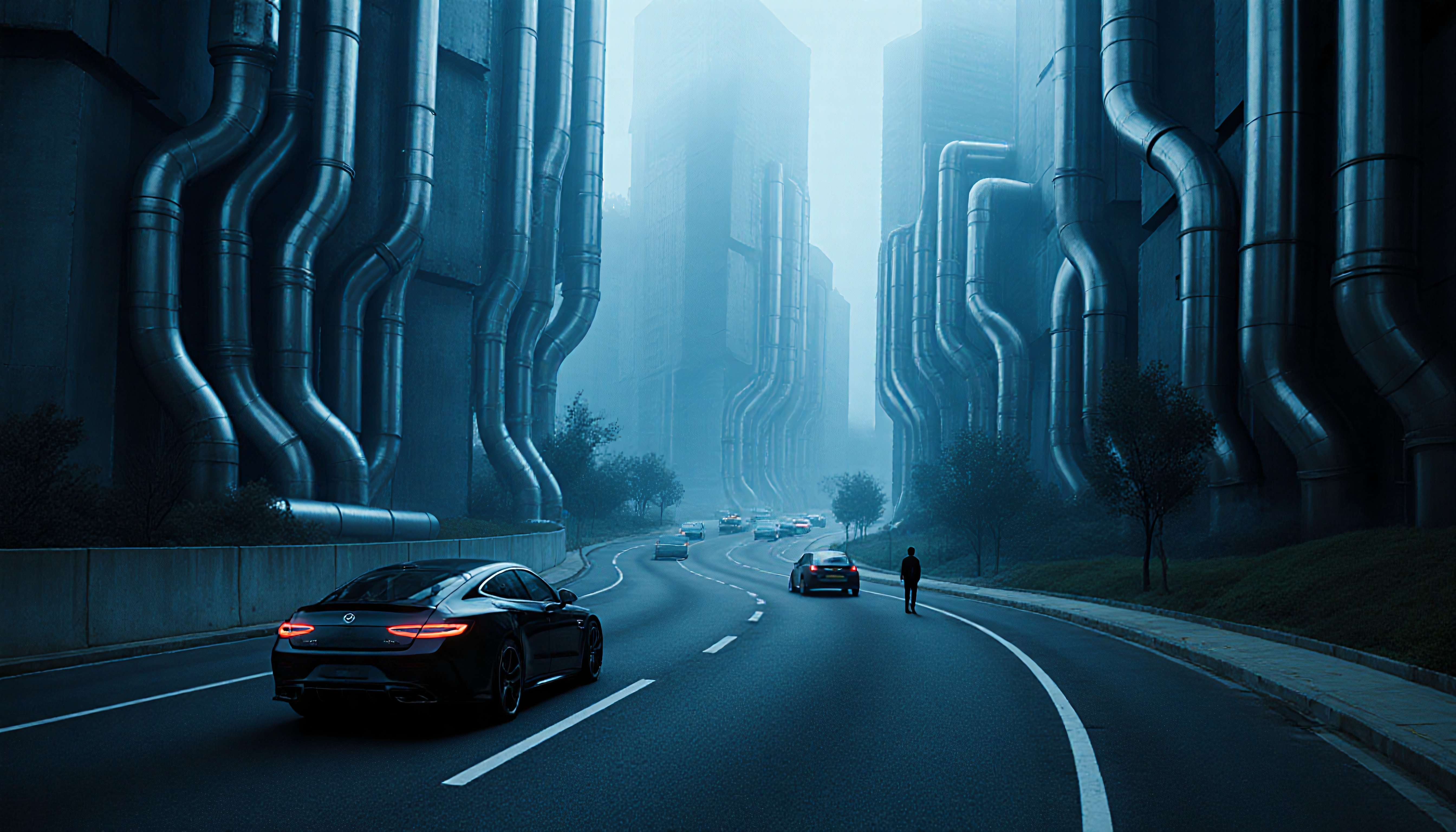 Futuristic City Street with Industrial Pipes and Foggy Atmosphere