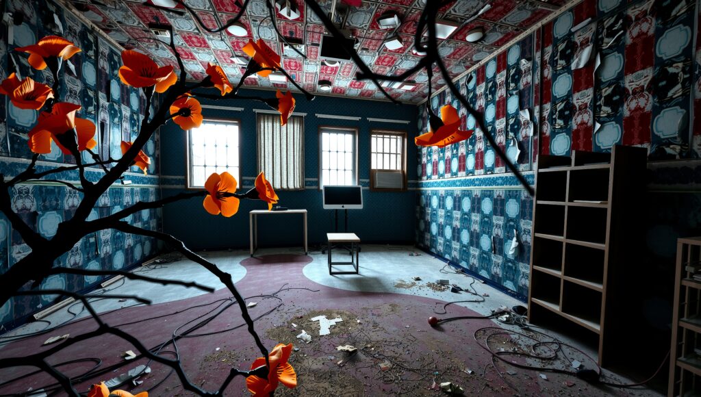 Overgrown Abandoned Interior with Vibrant Popcorn Flowers