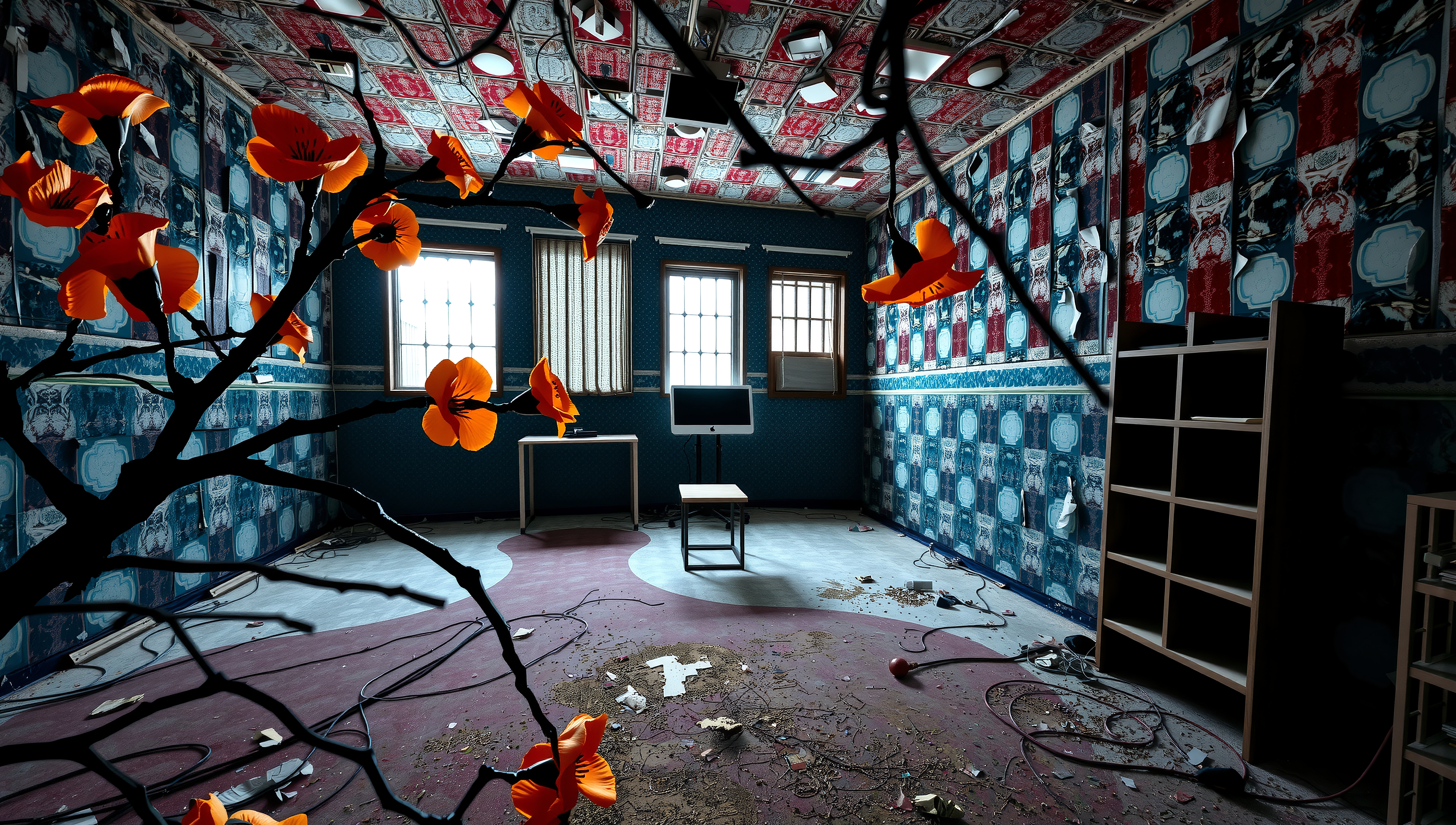 Overgrown Abandoned Interior with Vibrant Popcorn Flowers