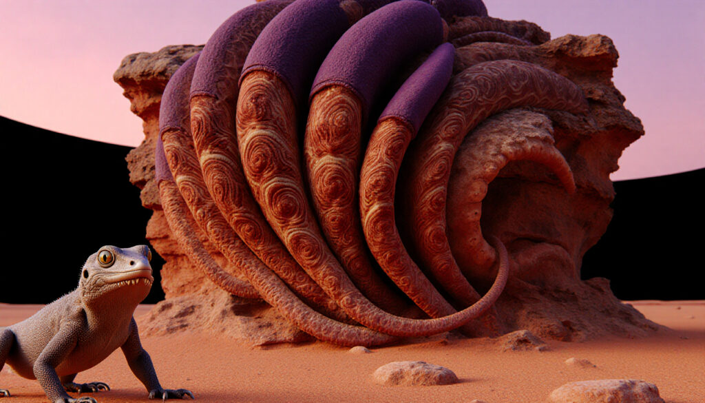 Illustration of a Cute Character and Giant Swirl Rock Formation at Sunset