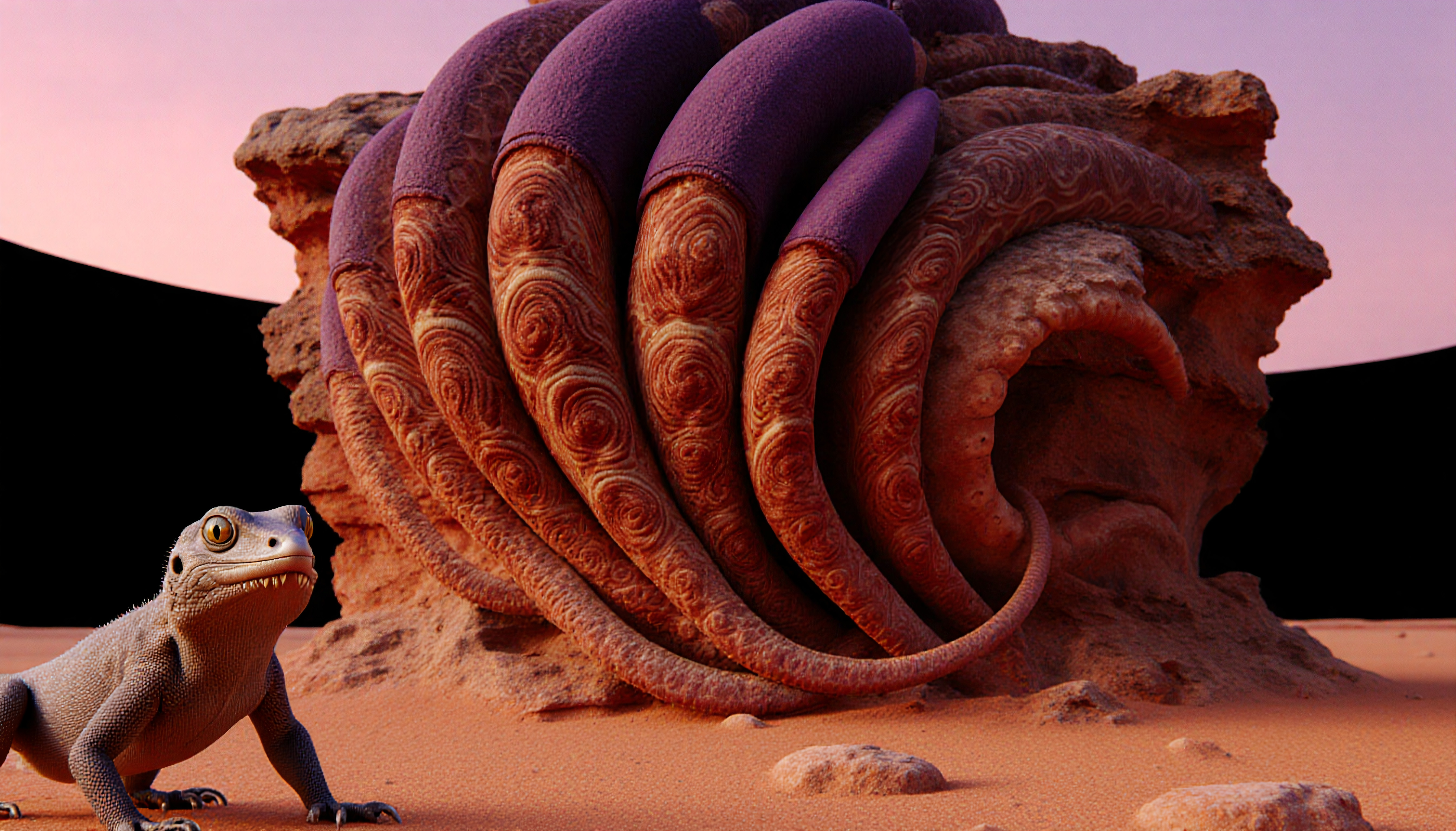 Illustration of a Cute Character and Giant Swirl Rock Formation at Sunset