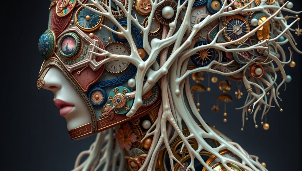 Steampunk Mechanical Woman Portrait with Intricate Clockwork and Tree Branches