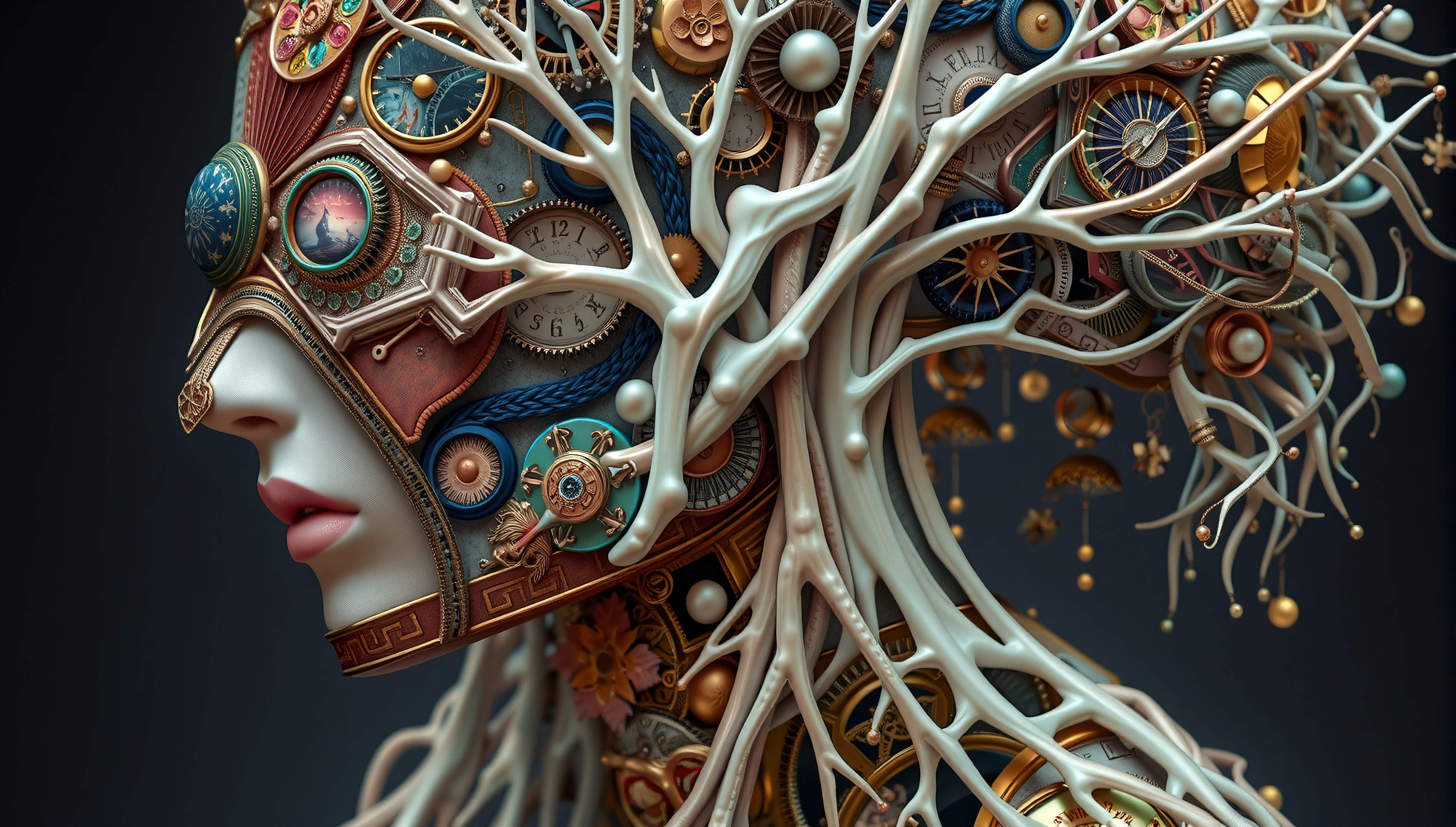 Steampunk Mechanical Woman Portrait with Intricate Clockwork and Tree Branches
