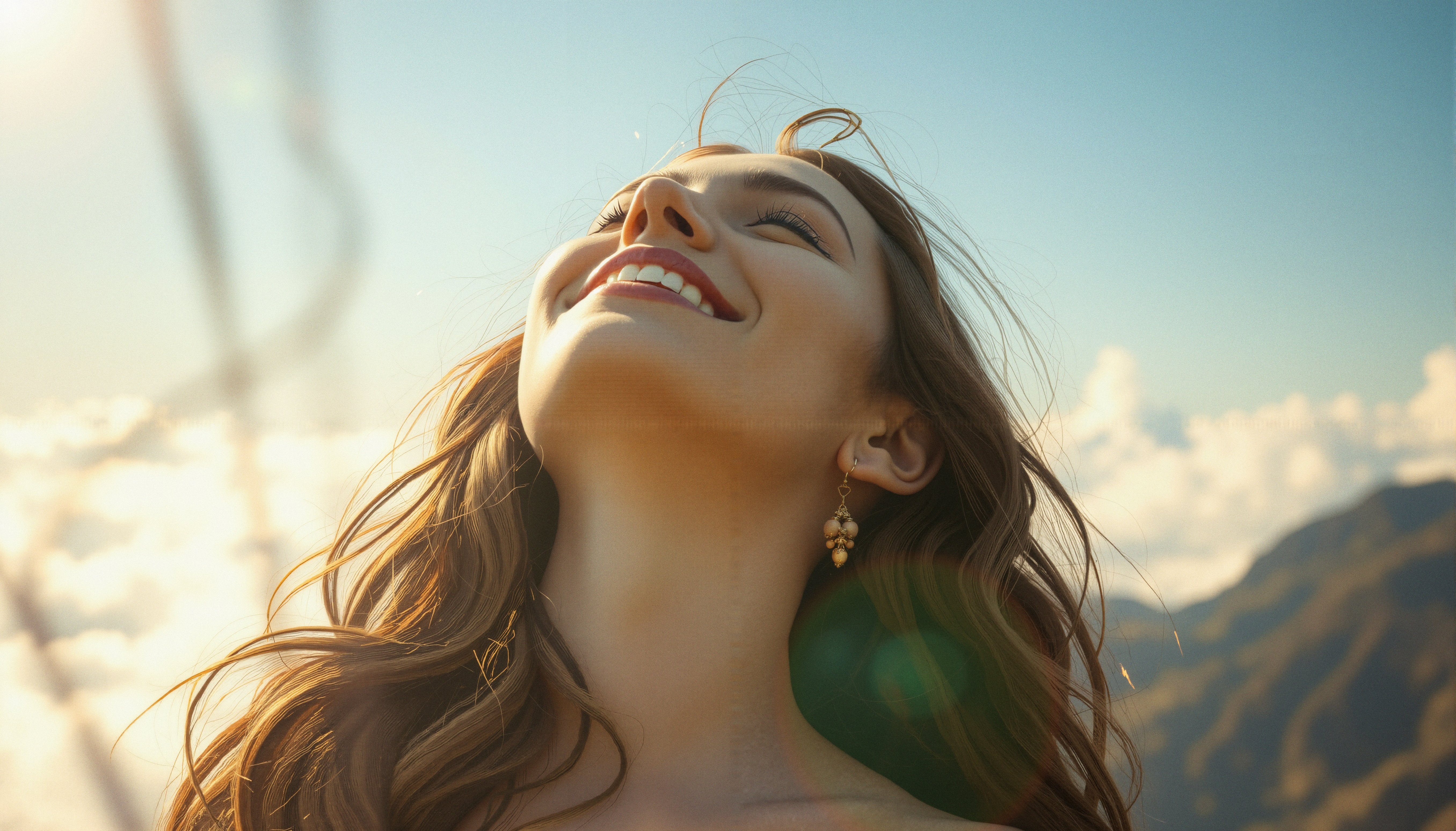 Sunlit Woman Smiling at Sky with Mountain Backdrop