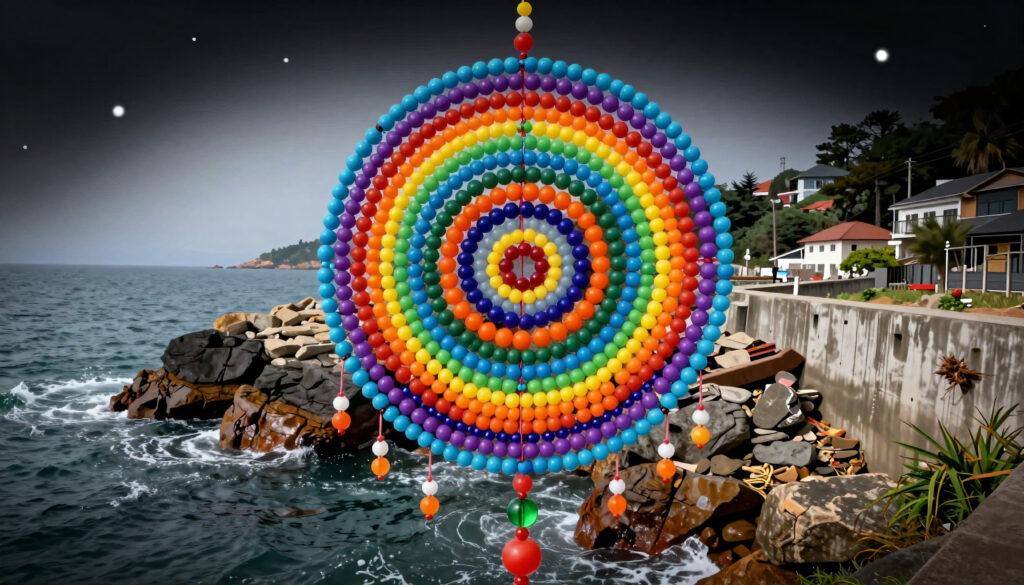 Rainbow Ball Art Against a Coastal Backdrop