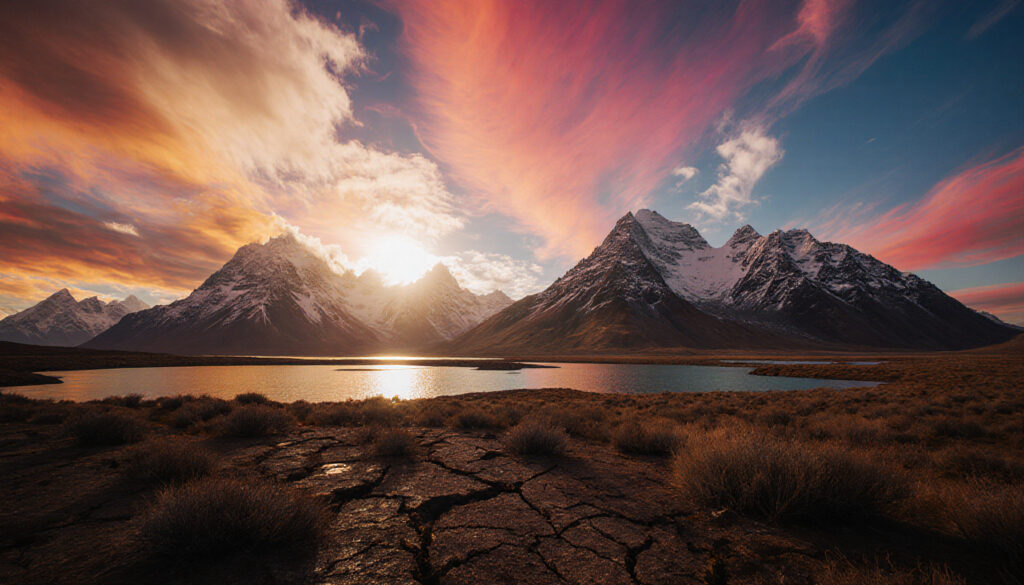 Alpine Sunrise over Mountain Lake with Dramatic Sky