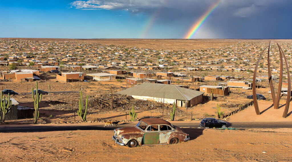Desert Town with Rainbow and Vintage Car