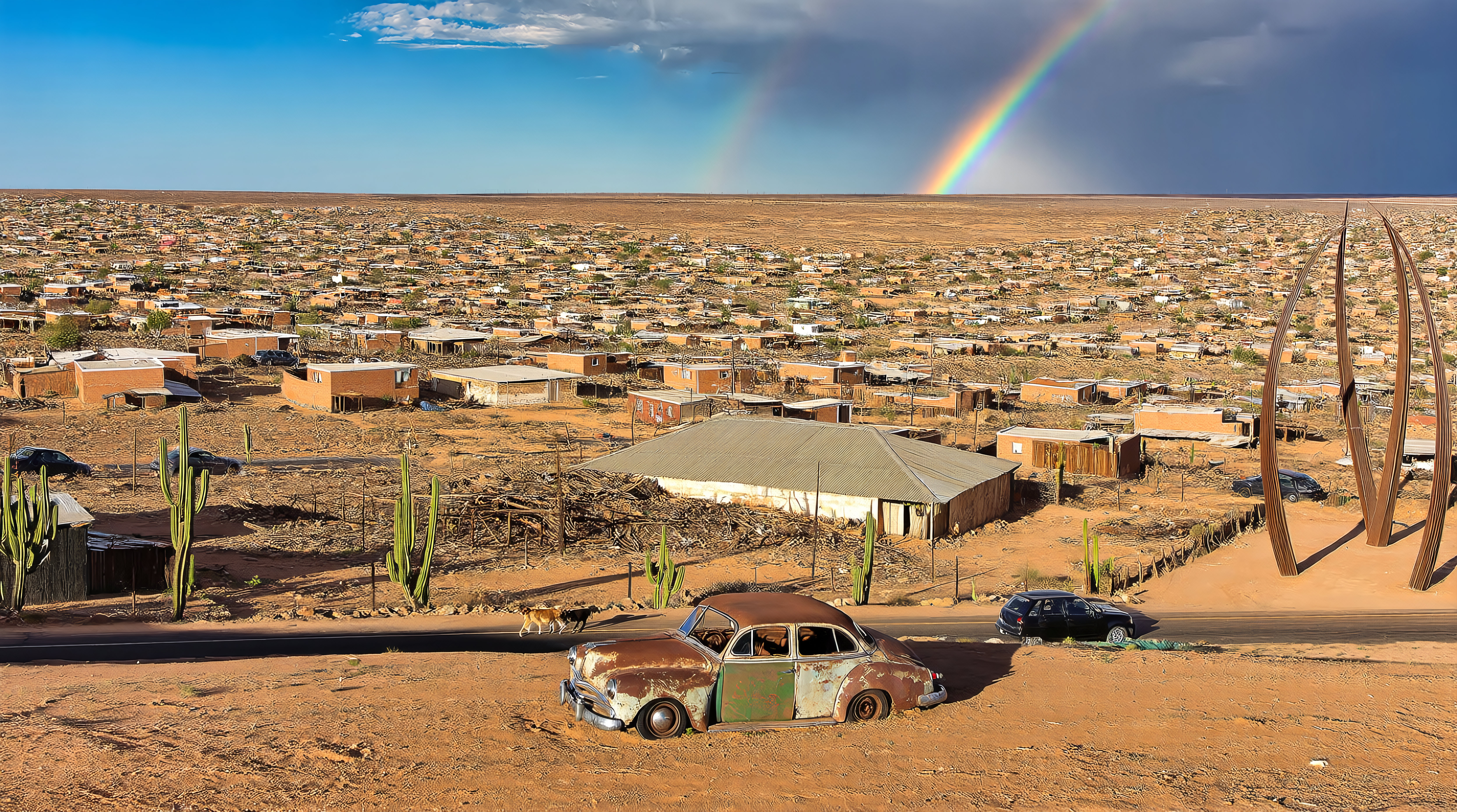 Desert Town with Rainbow and Vintage Car Under Clear Skies