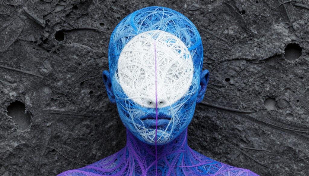 Abstract Human Head with Woven Blue and Purple Threads