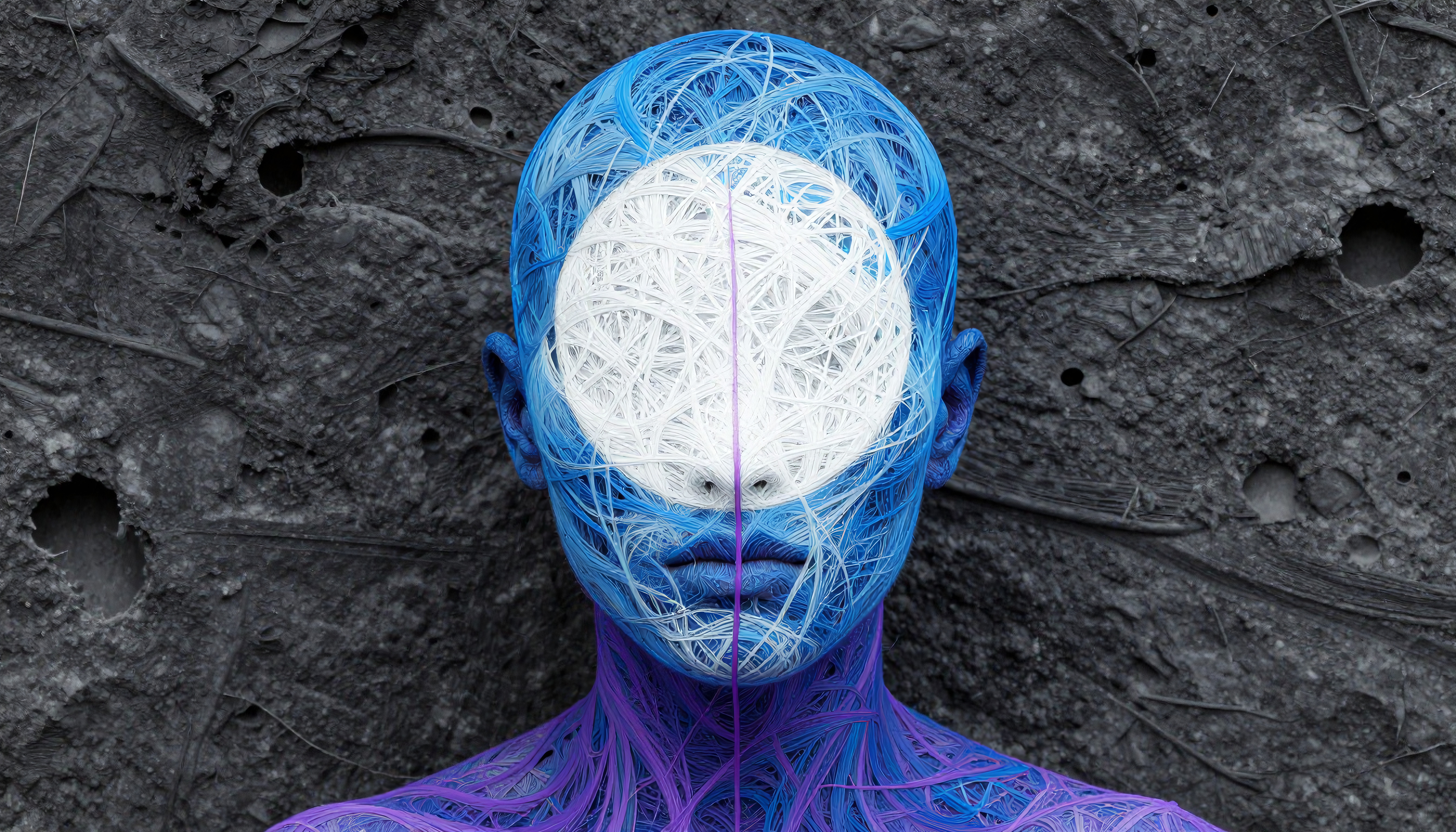 Abstract Human Head with Woven Blue and Purple Threads on Textured Wall